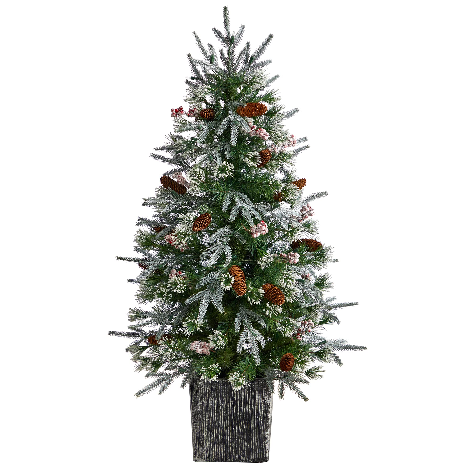 Nearly Natural 4ft Pre-Lit Frosted Artificial Christmas Tree with 105 Warm White LED Lights & Berries in Decorative Planter - Perfect for Home, Office, and Holiday Decorations