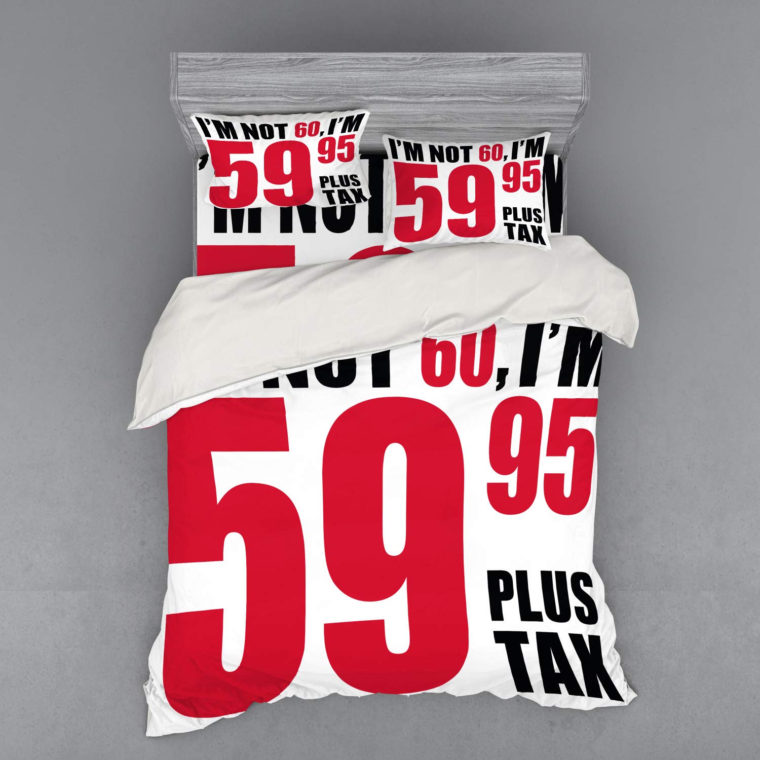 Ambesonne 60th Birthday Bedding Set - Funny Humorous Party Theme Duvet Cover with Birthday Words & Elderly Age Design - 4 Piece Queen Size Set Includes Shams & Fitted Sheet - Red & Black - Perfect for Milestone Celebrations & Themed Bedroom Decor