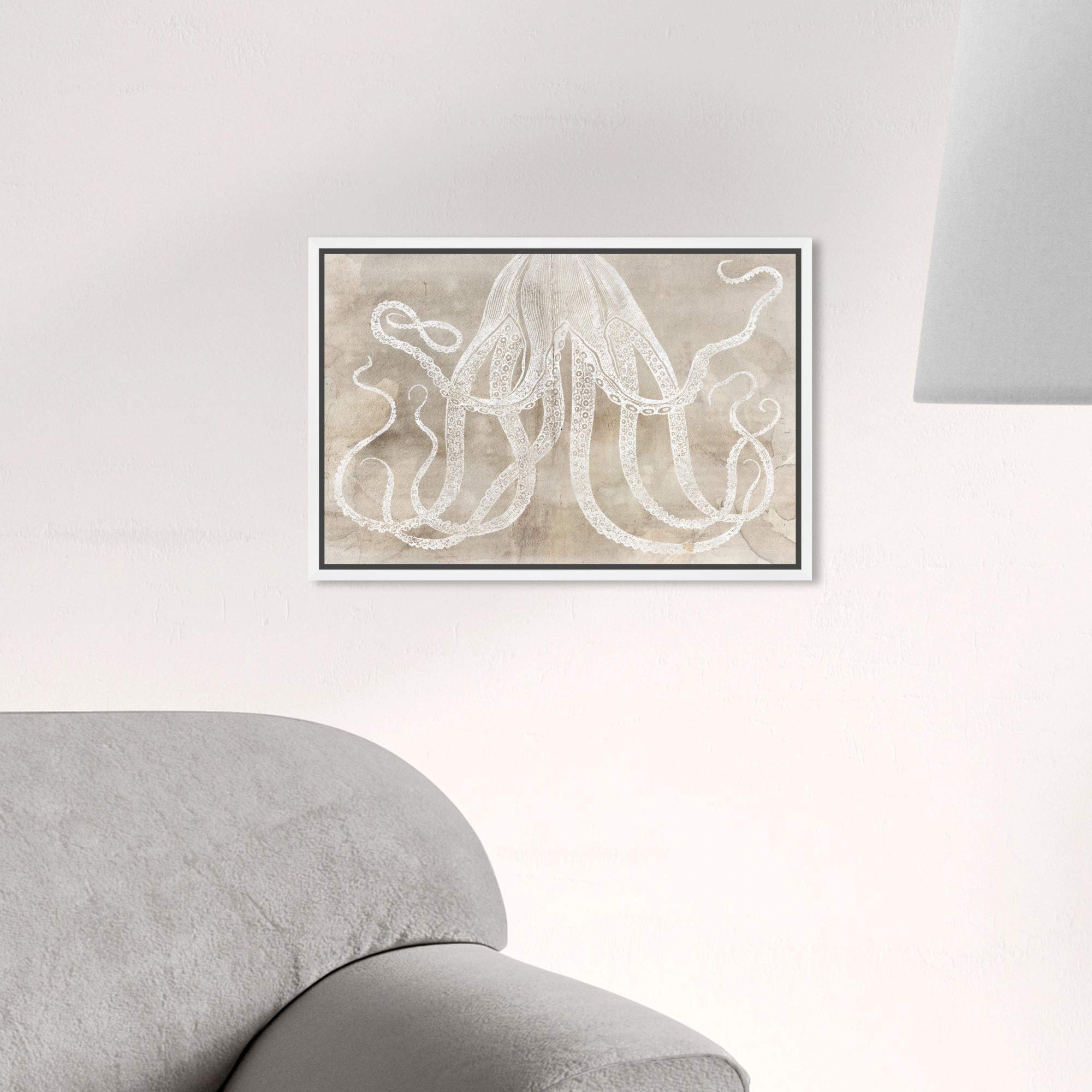 Oliver Gal Artist Co. Octopus Paper Framed Wall Art - 15x10 Inch Nautical Coastal Canvas Print - Brown & White Marine Life Home Decor for Living Room, Bedroom & Office