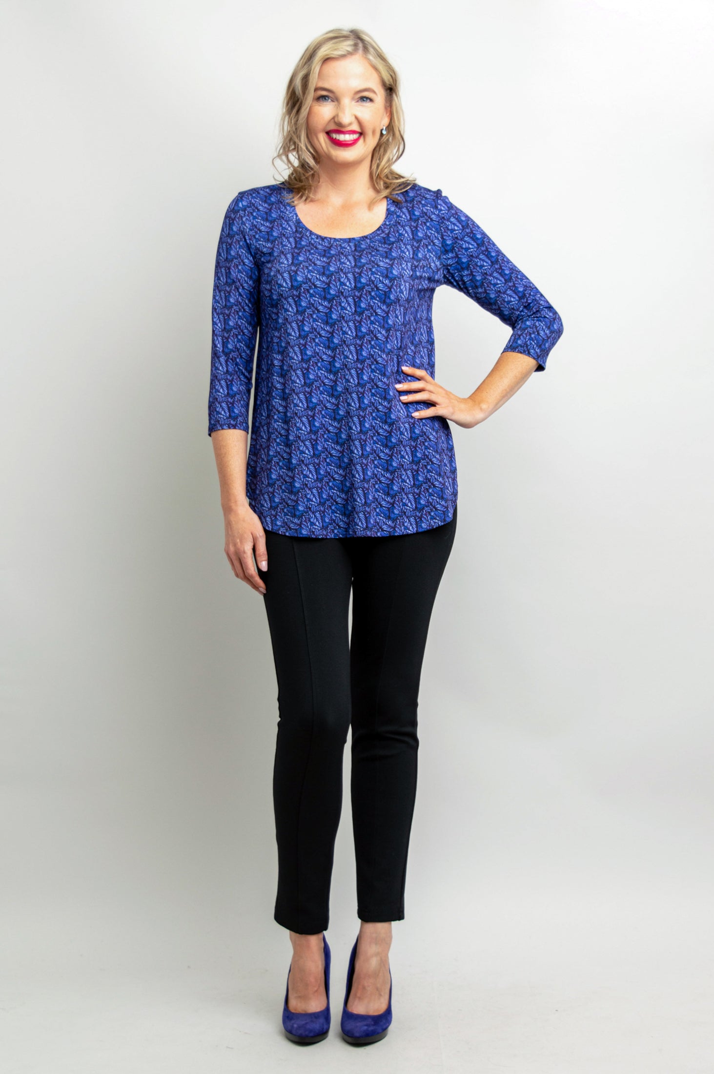 Jazz 3/4 Sleeve Women's Top - Midnight Leaves Print Bamboo Fabric Blouse for Casual Wear & Summer Outfits