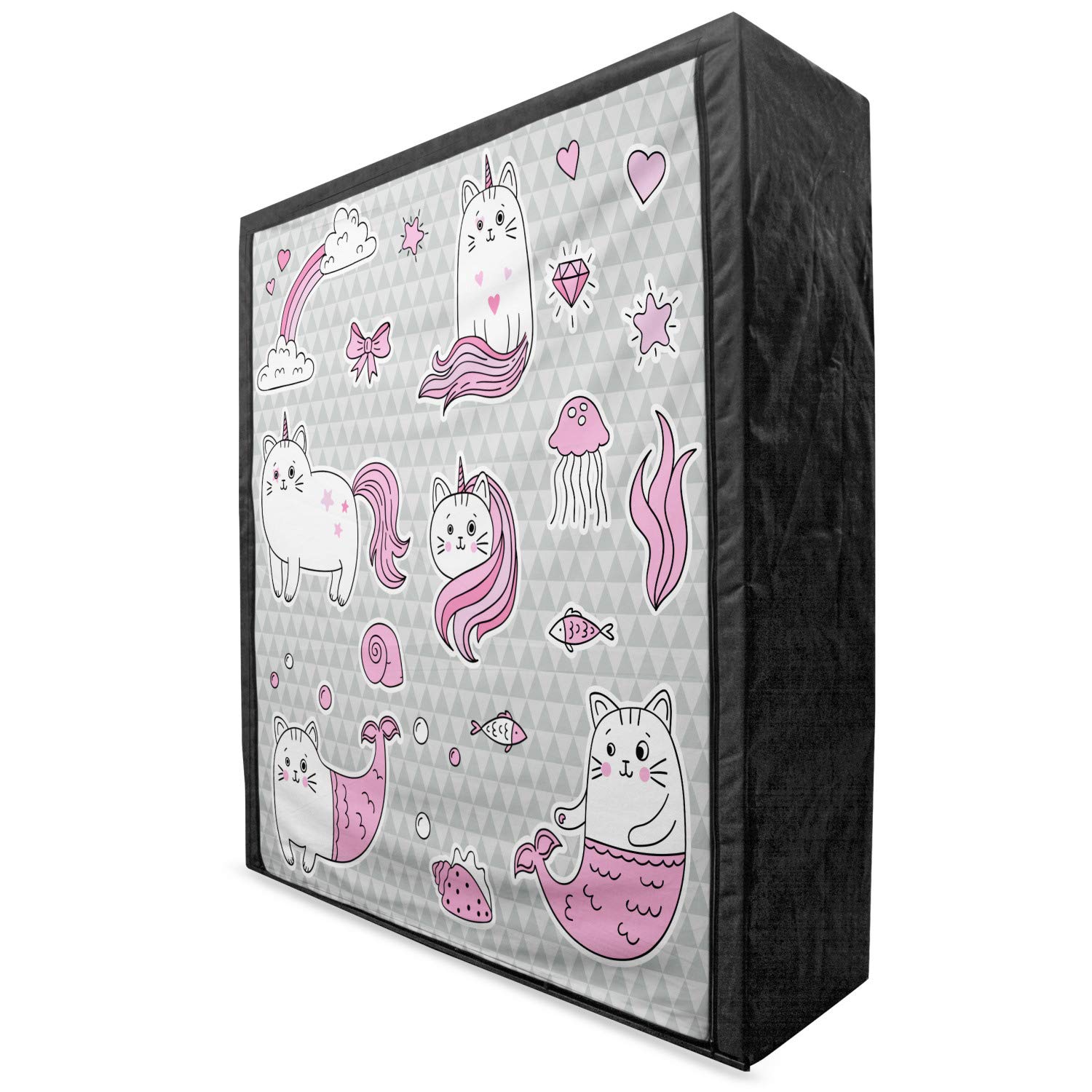 Ambesonne Unicorn Cat Fabric Wardrobe - Portable Clothing Organizer with Shelves, Underwater Theme Featuring Unicorn Cat, Mermaid Fishes, Bubbles & Hearts - 59