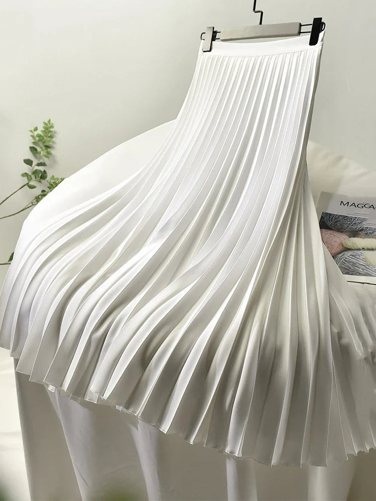 Brand Designer Women's High Waist Pleated Skirt - Elegant Solid Color A-Line Skirt with Elastic Waistband for Spring & Autumn | Office Wear, Party Outfits, Casual Chic Fashion