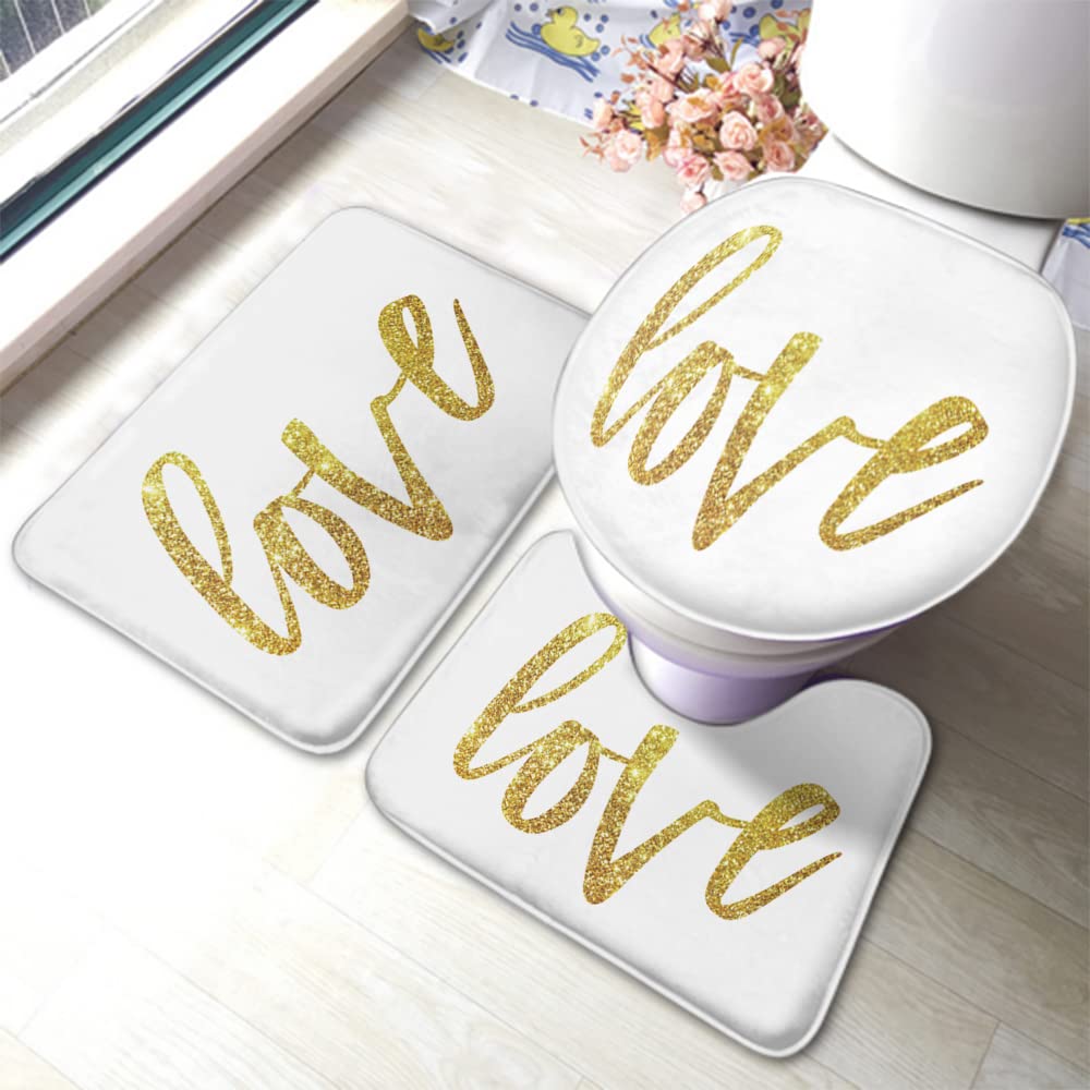 Zaueky Golden Love 3-Piece Bathroom Rug Set - Non-Slip Rubber Backing, U-Shaped Contour Rug & Toilet Lid Cover - Modern Romantic Decor for Bathroom, Bedroom & Guest Room
