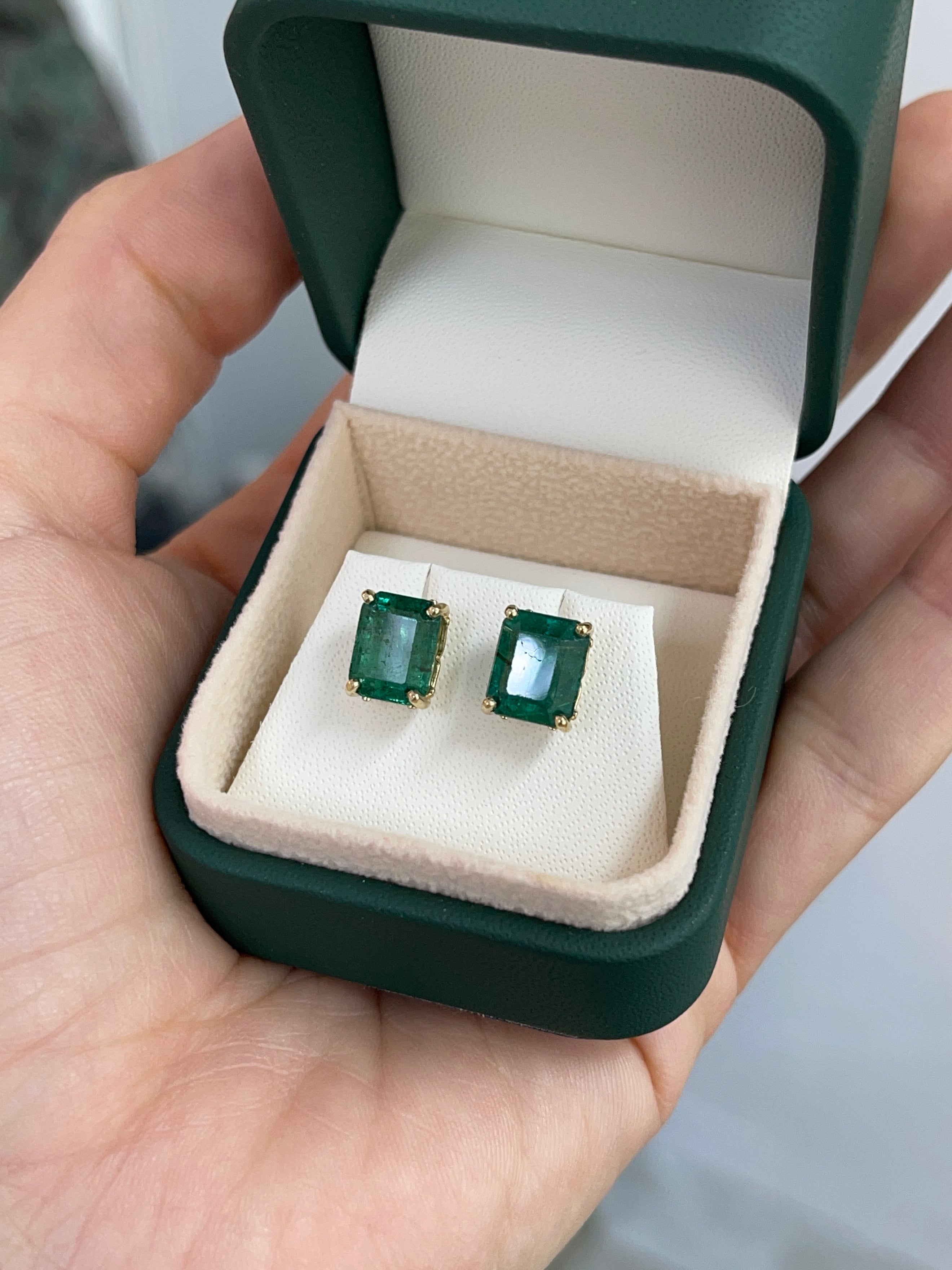 6.70tcw Zambian Emerald Emerald Cut Fleur De Lis Stud Earrings in 14K Gold - Elegant Jewelry for Women, Perfect for Weddings, Parties & Special Occasions