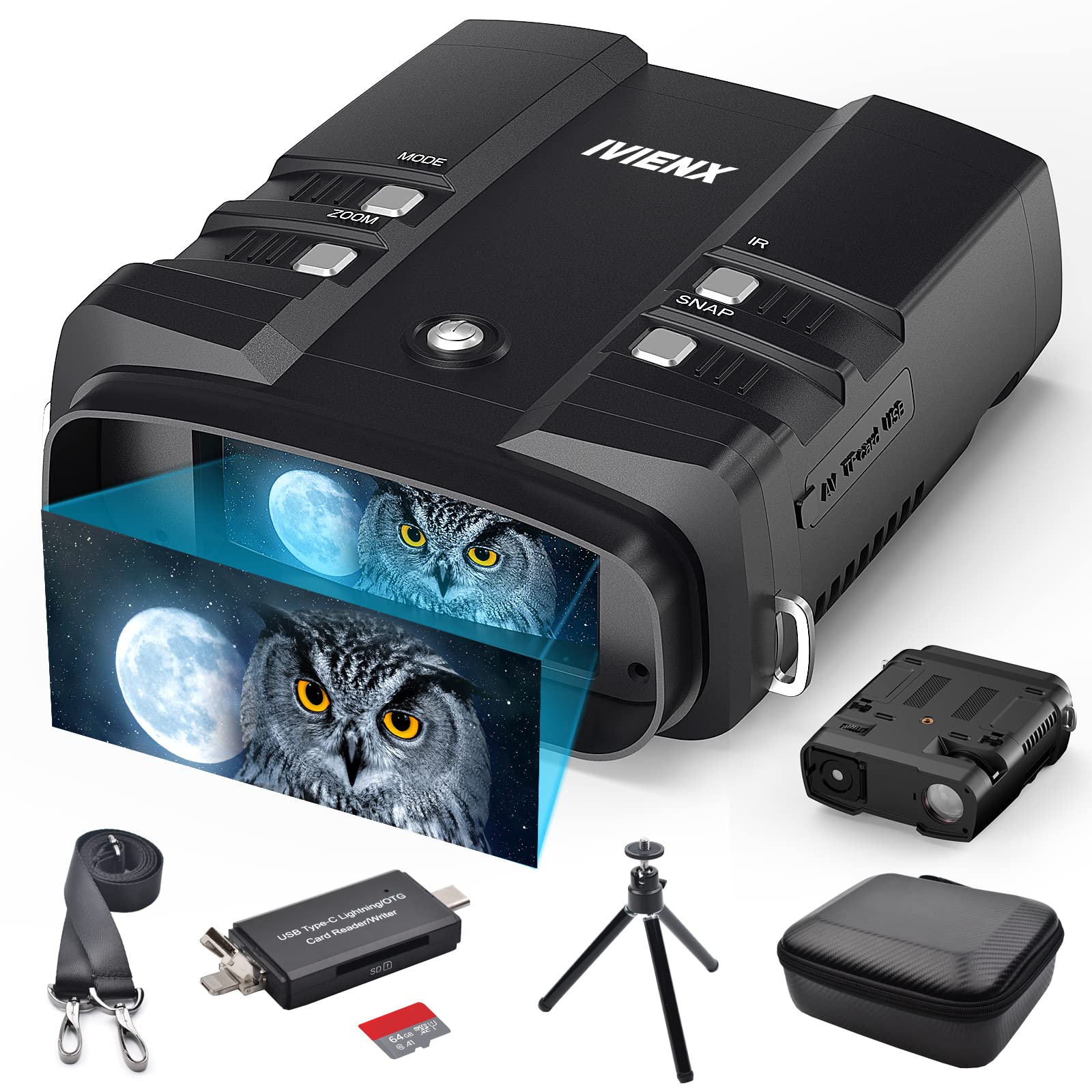 ivienx Digital Infrared Night Vision Binoculars - 1080P FHD, 1640ft Range, 5W IR for Hunting & Surveillance - Includes 64GB TF Card - Perfect for Night Hunting, Tactical Missions & Security Monitoring