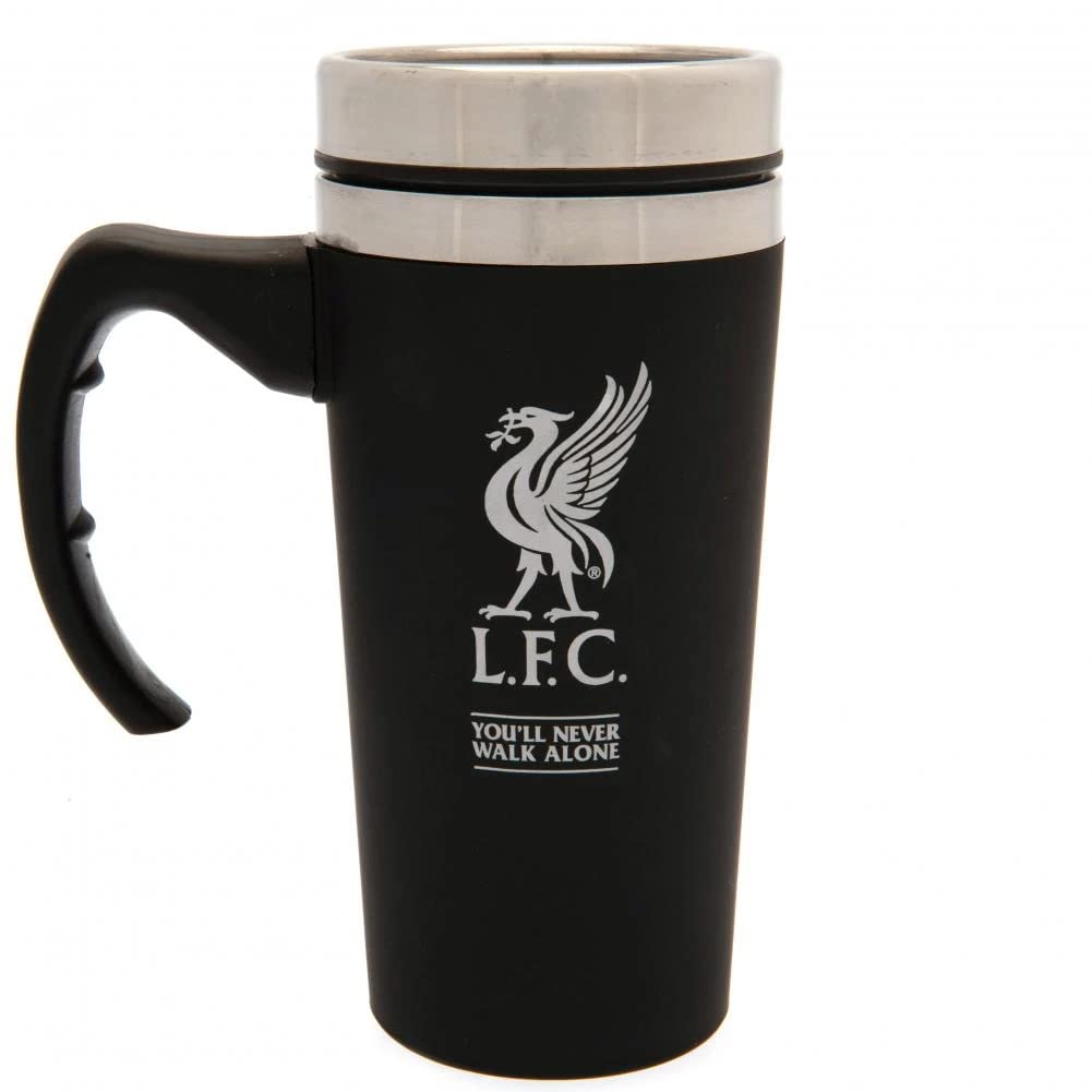 Liverpool FC Executive Travel Mug - Insulated Stainless Steel Coffee Cup with Lid - Black & Silver Design - Perfect for Commuting, Office & Gifts for Soccer Fans