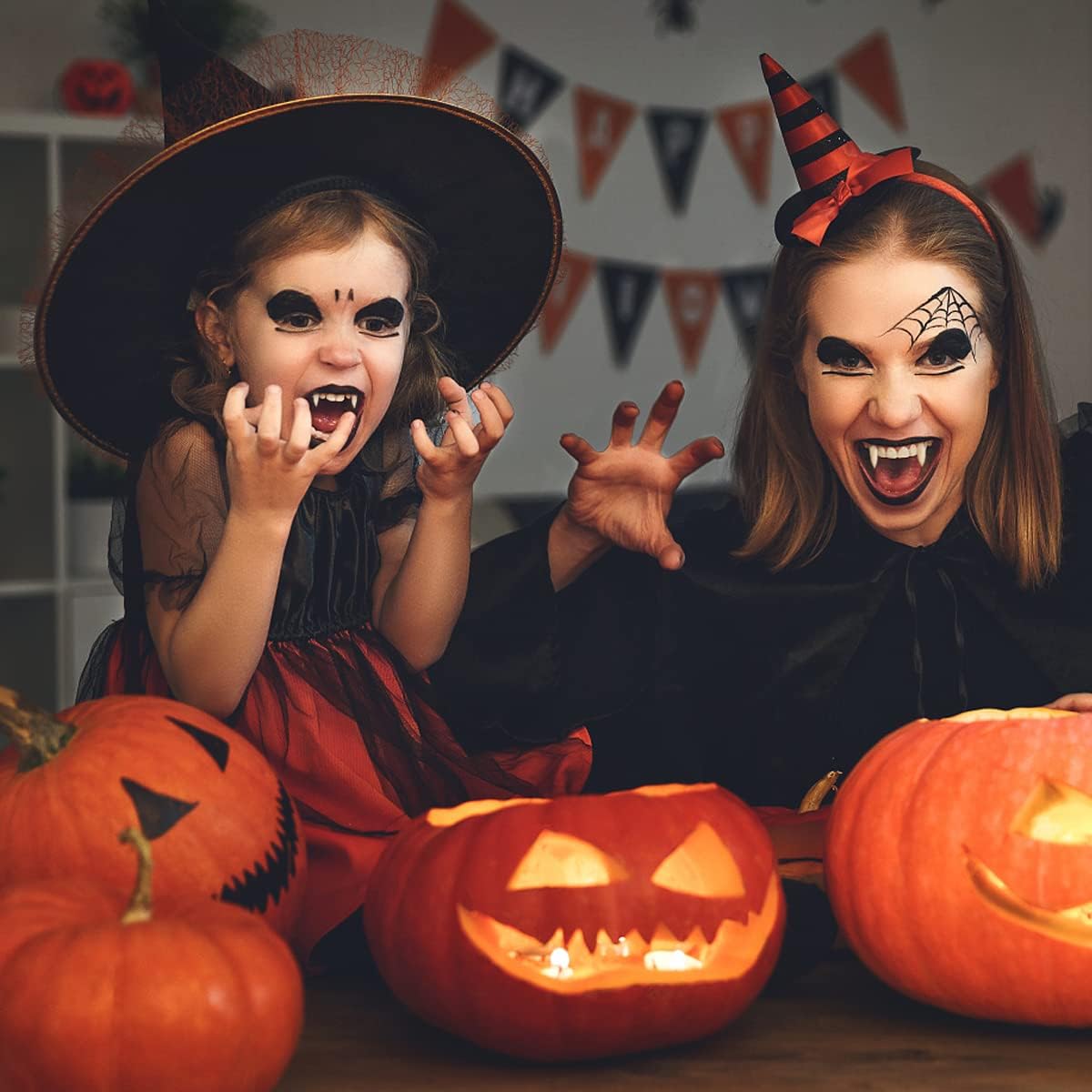 4 Pairs Vampire Teeth with Adhesive & Tweezer - 4 Sizes (13mm,15mm,17mm,19mm) Halloween Fake Fangs for Party Makeup, Cosplay & Costume Dress Up - Perfect for Halloween Decorations, Scary Movie Props & Vampire Themed Events