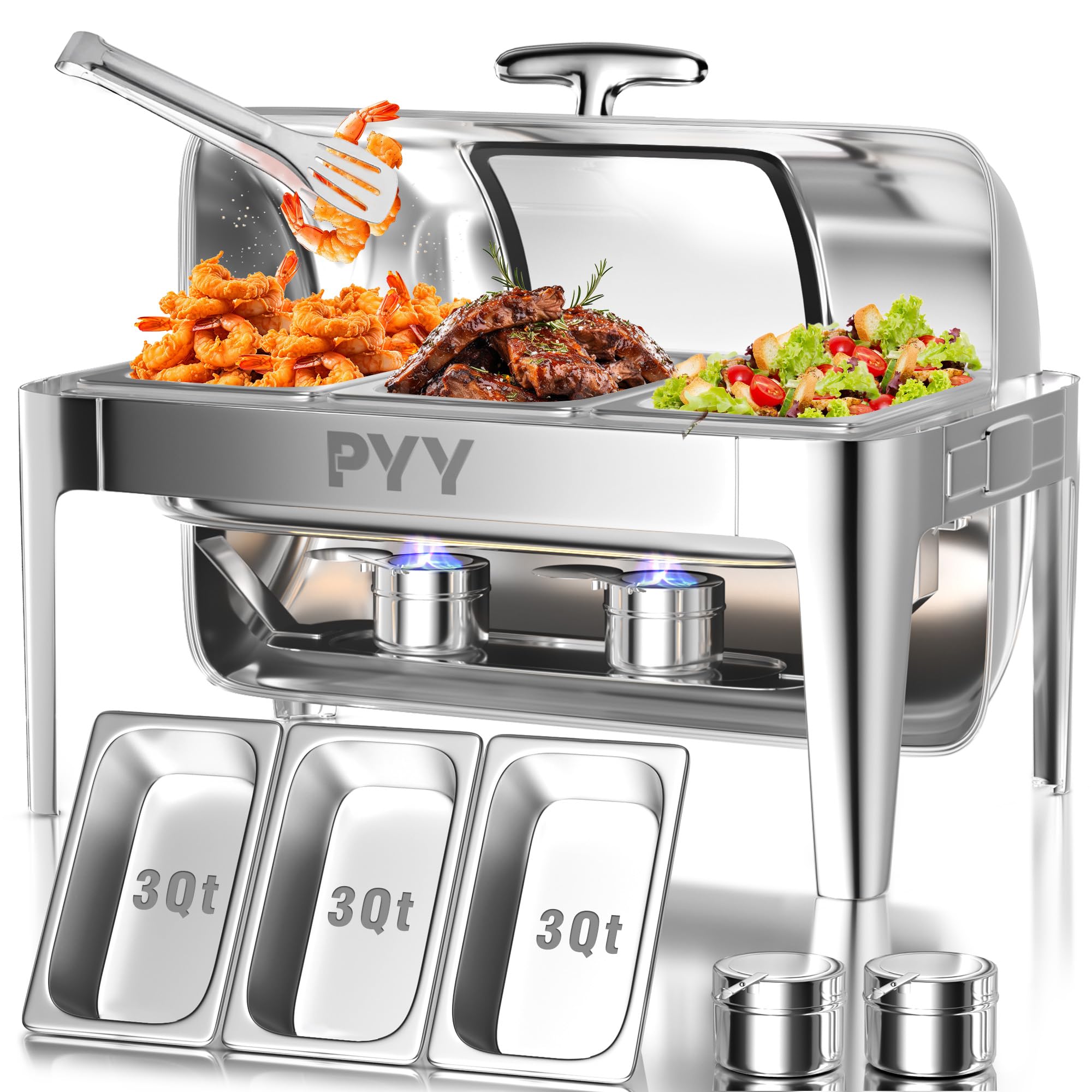 PYY 9QT Stainless Steel Roll Top Chafing Dish Buffet Set with 3 Pans - Commercial Grade Food Warmer for Catering, Restaurants, Weddings & Events | Keep Food Warm at Buffets, Parties & Banquets