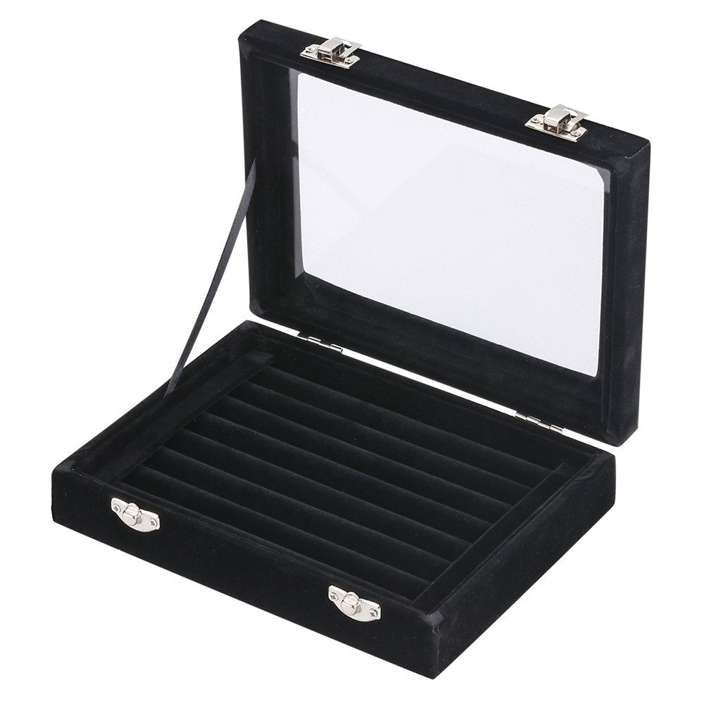 Velvet Jewelry Box for Rings & Earrings - Premium Glass Display Case with 2 Clasps - Perfect for Jewelry Storage, Organizer & Gift Packaging (Home, Retail Store, Wedding)