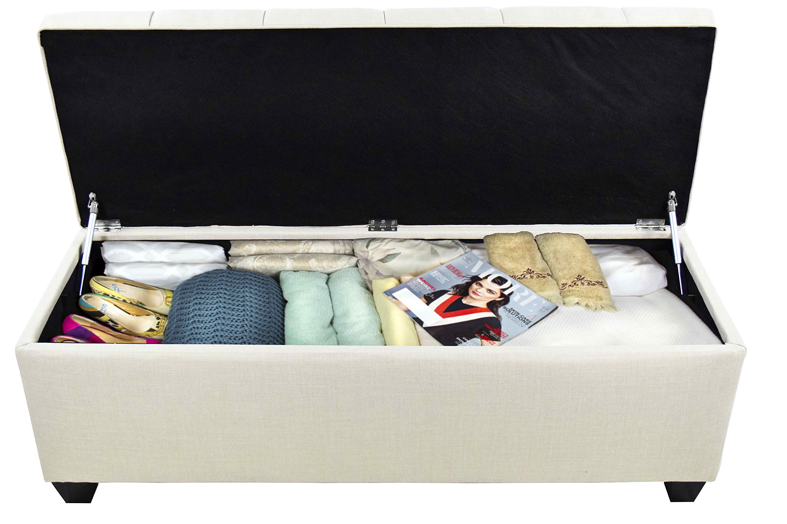 MJL Fabric Upholstered Storage Bench with Linen Compartment - Beige Bedroom Organizer for Blankets, Pillows & Seasonal Clothing | Space-Saving Ottoman Seat for Dorm, Guest Room & Apartment