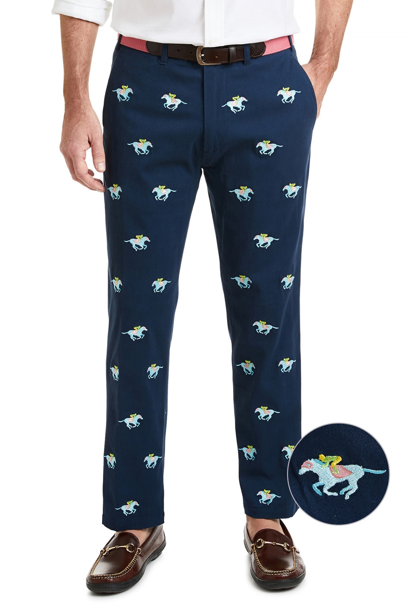 Stretch Twill Harbor Pant in Nantucket Navy with Pastel Racing Horses - Comfortable Casual Pants for Women, Perfect for Work, Travel & Everyday Wear