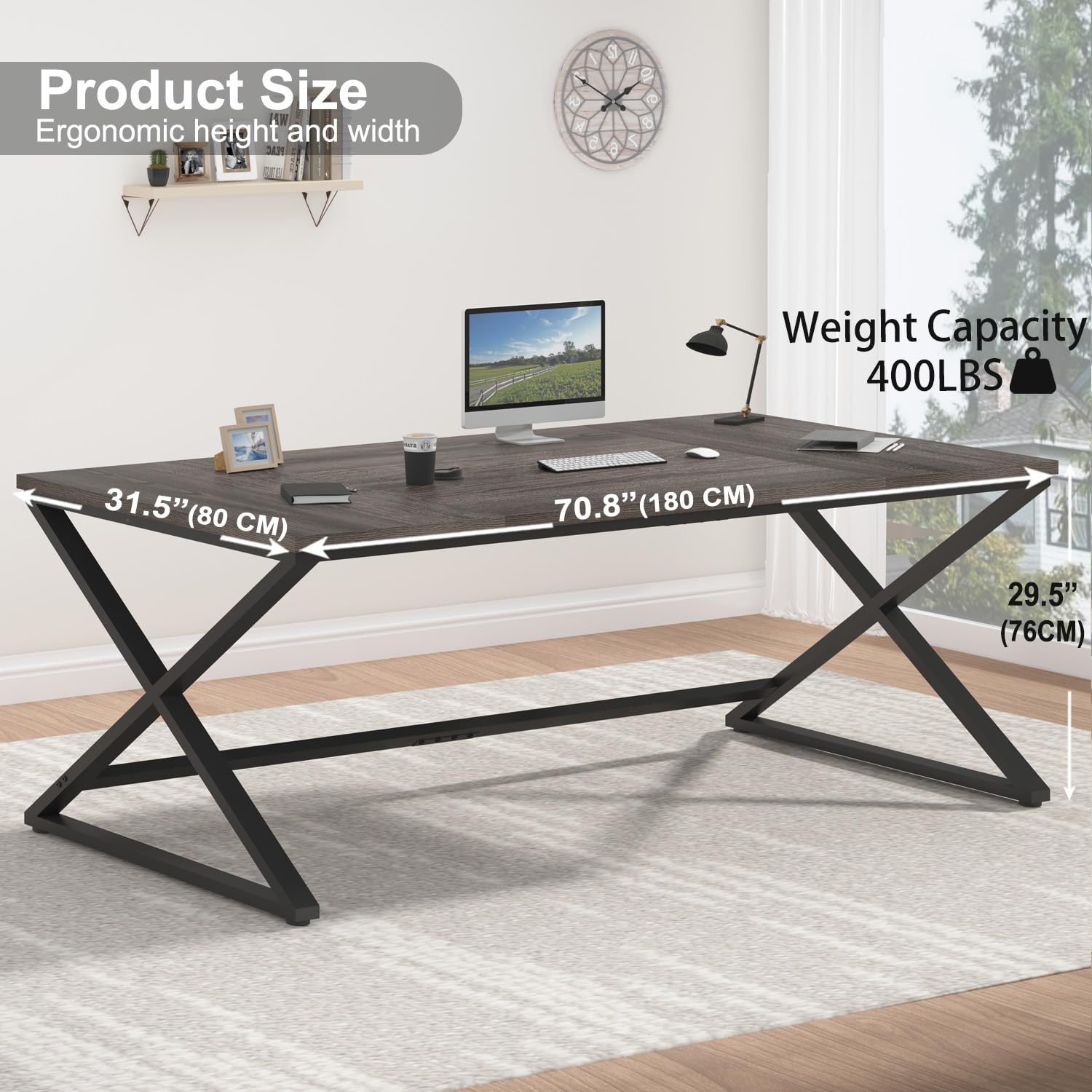 70 Inch Large Computer Desk for Home Office - Industrial Style Wood & Metal Writing Study Desk with Monitor Stand, Gaming Workstation for 2 Screens - Dark Gray Oak Finish (Perfect for Small Spaces & Multi-Monitor Setups)