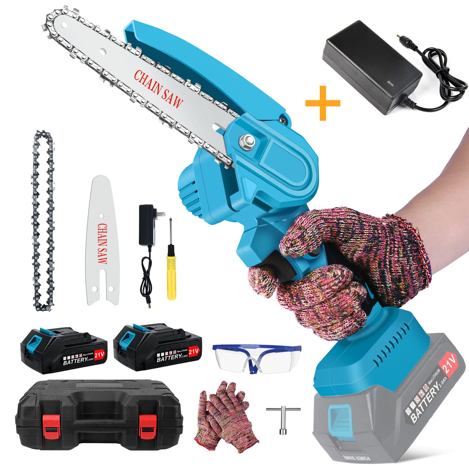 Upgraded 6-Inch & 4-Inch Mini Chainsaw Cordless - 21V 2.0Ah Battery Powered Electric Chainsaw with 2 Batteries & Charger - One-Handed Small Wood Cutting Tool for DIY, Gardening, Pruning, and Branch Trimming
