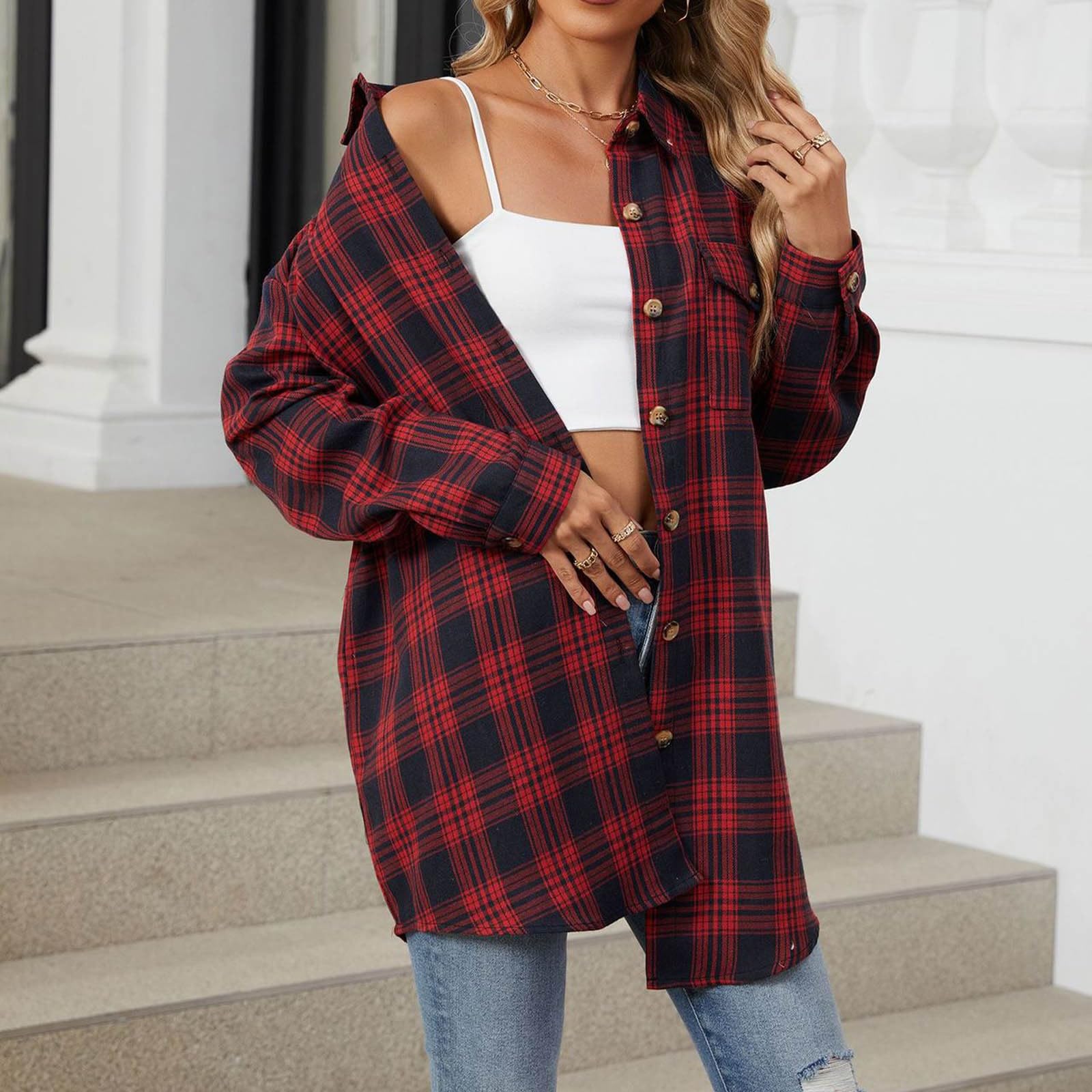 Women's Lightweight Long Sleeve Plaid Cardigan Sweater - Button Down Flannel Shirt with Pockets - Cozy Fall Layering Piece for Office, Casual Outings & Travel