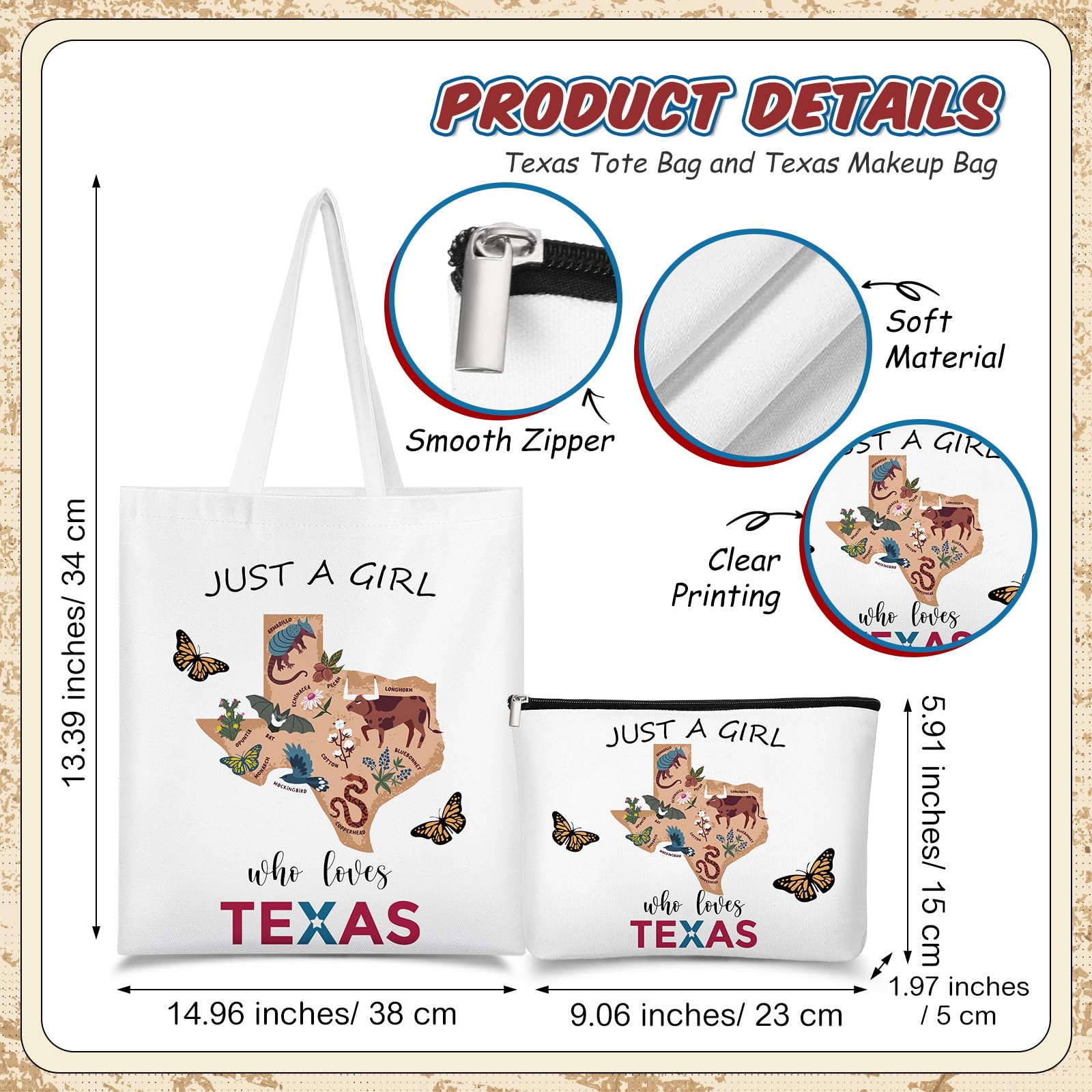 Texas Gift Set - 2 Pcs Canvas Tote Bag & Makeup Bag for Women | Souvenirs, Bachelorette Party Gifts | Perfect for Travel, Shopping & Texas-Themed Events