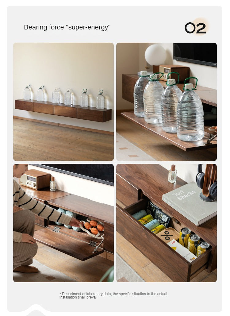 Black Walnut Solid Wood Floating TV Stand - Wall Mounted Entertainment Center for Living Room, Bedroom & Home Theater
