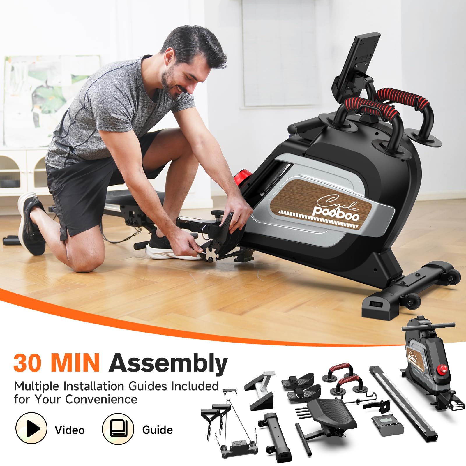 Pooboo Magnetic Rowing Machine - 360 LB Weight Capacity, Foldable Rower for Home Gym with Tablet Holder & Comfortable Seat Cushion | Full-Body Workout Equipment for Cardio & Strength Training | Perfect for Small Spaces & Apartment Fitness