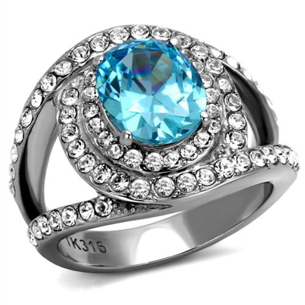 3.68ct Sea Blue Cubic Zirconia Halo Ring for Women | Oval Cut Stainless Steel Jewelry | Perfect for Cocktail Parties & Evening Events