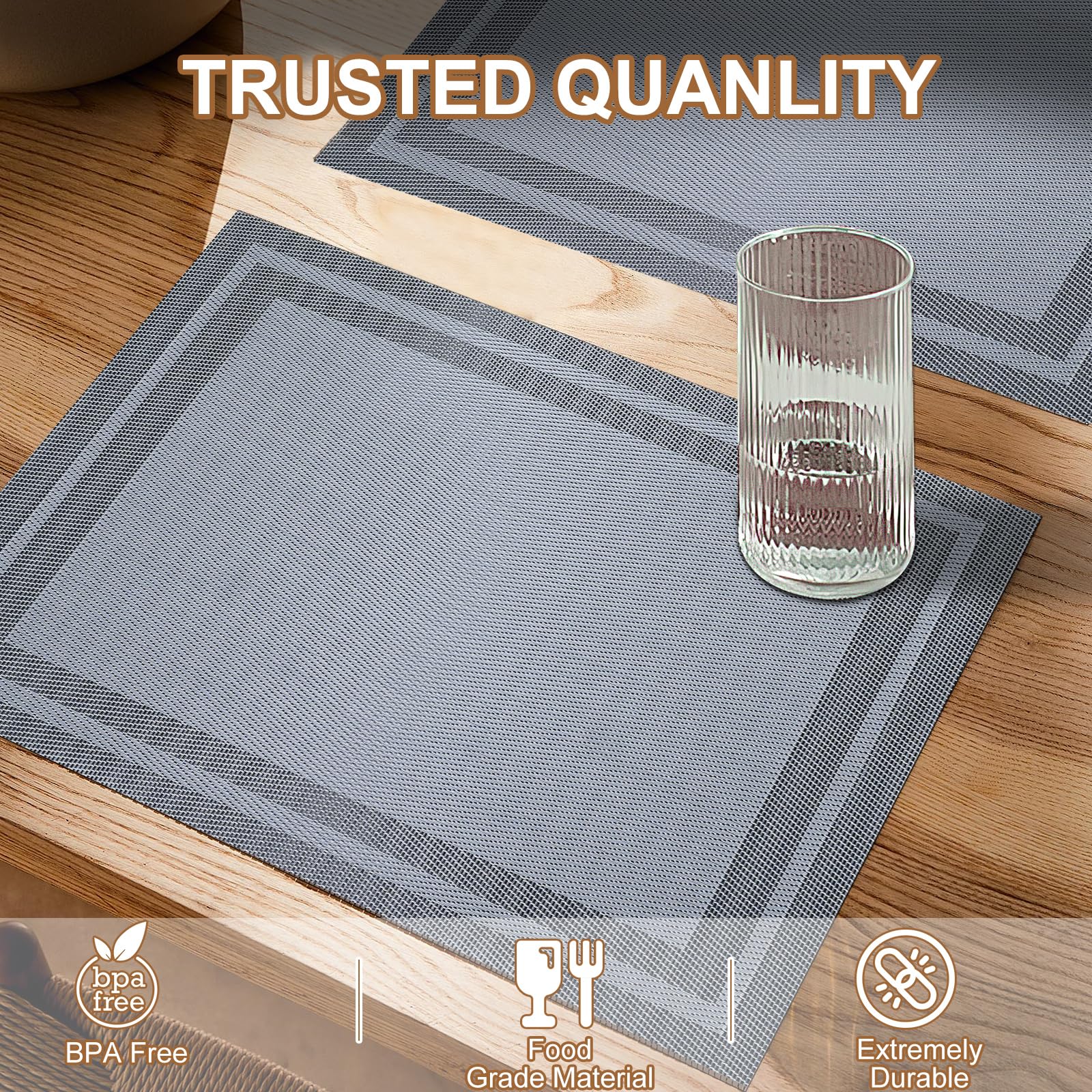6-Piece Woven Boho Placemats Set - Waterproof Vinyl Table Mats for Dining Table, Indoor & Outdoor Use - Silver Grey - Perfect for Patio, Picnic, and Everyday Dining Decor (ARTAND)