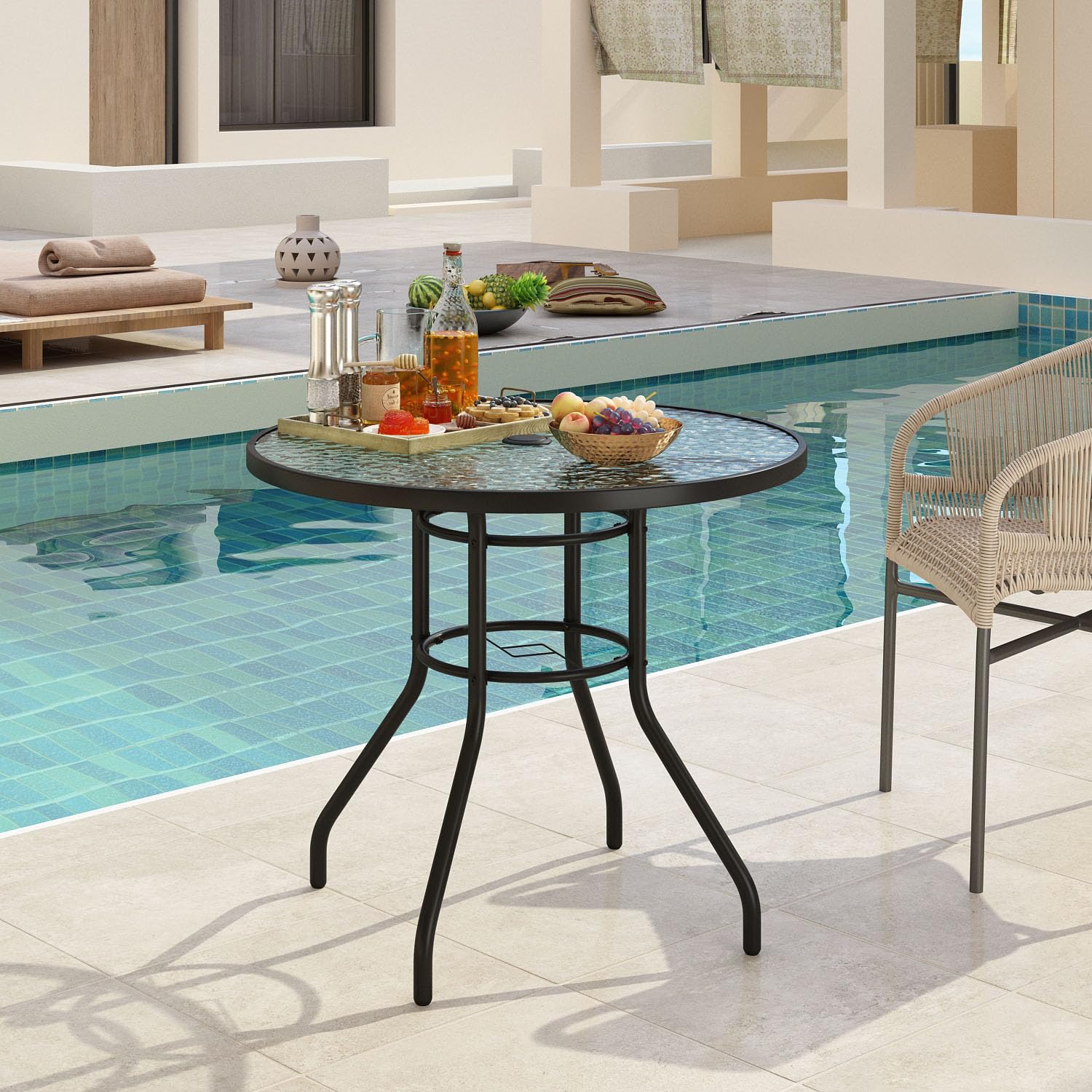 32'' Outdoor Patio Bistro Table with Tempered Glass Top & Umbrella Hole - Steel Frame Garden Furniture for Backyard, Balcony, Lawn - Perfect for Outdoor Dining, Coffee & Party Gatherings