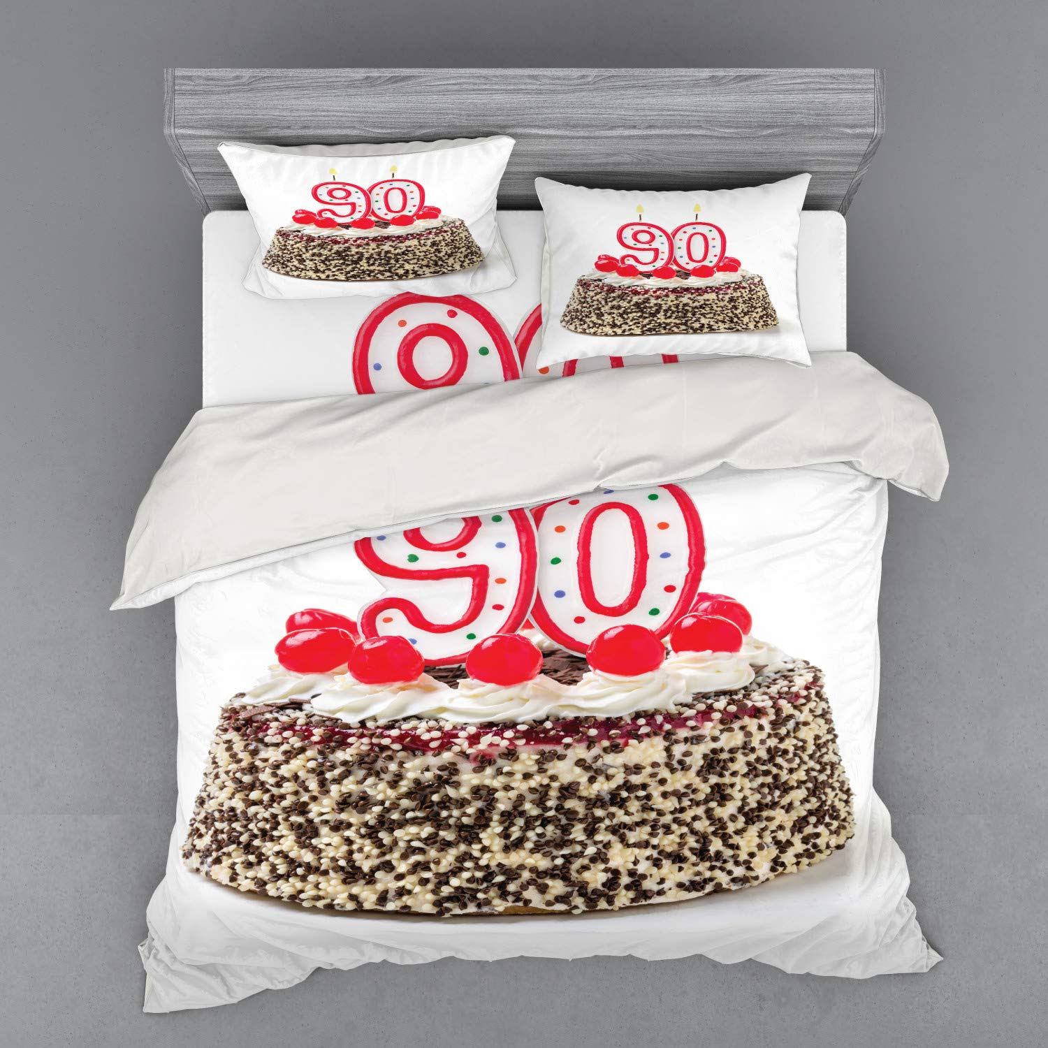 Ambesonne 90th Birthday Duvet Cover Set - King Size 4-Piece Bedding with Birthday Cake, Cherries & Candles Design - Includes Shams & Fitted Sheet (Red/Brown/White) - Perfect for Milestone Celebrations & Guest Room Decor