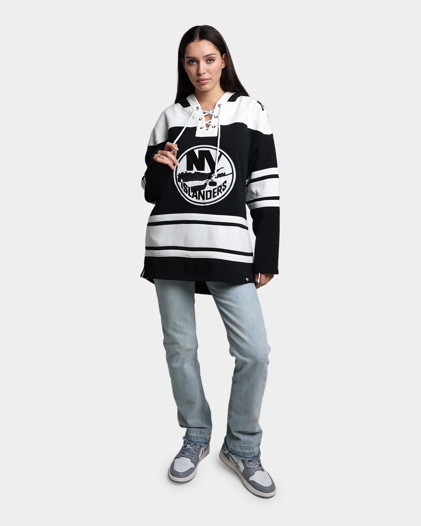 47 Brand New York Islanders Superior Lacer Hoodie - Men's NHL Team Zip-Up Sweatshirt - Jet Black - Perfect for Game Day & Casual Wear