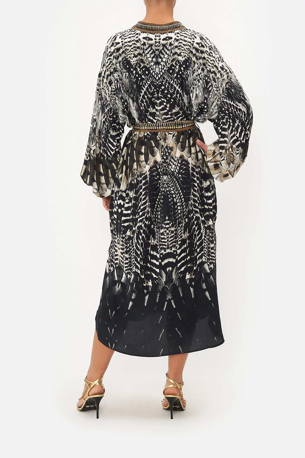 Blouson Sleeve Placket Dress - Elegant Night Owl Print Women's Fashion for Evening Parties & Date Nights