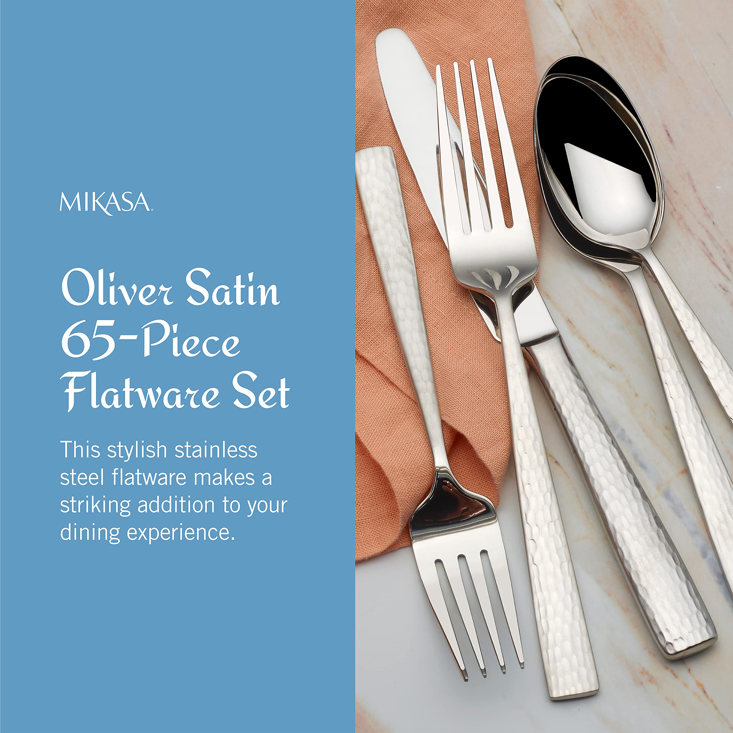 Premium Mikasa Oliver Satin 65-Piece 18/10 Stainless Steel Flatware Set for 12 - Elegant Silverware with Serving Utensils - Perfect for Dinner Parties, Weddings & Formal Dining