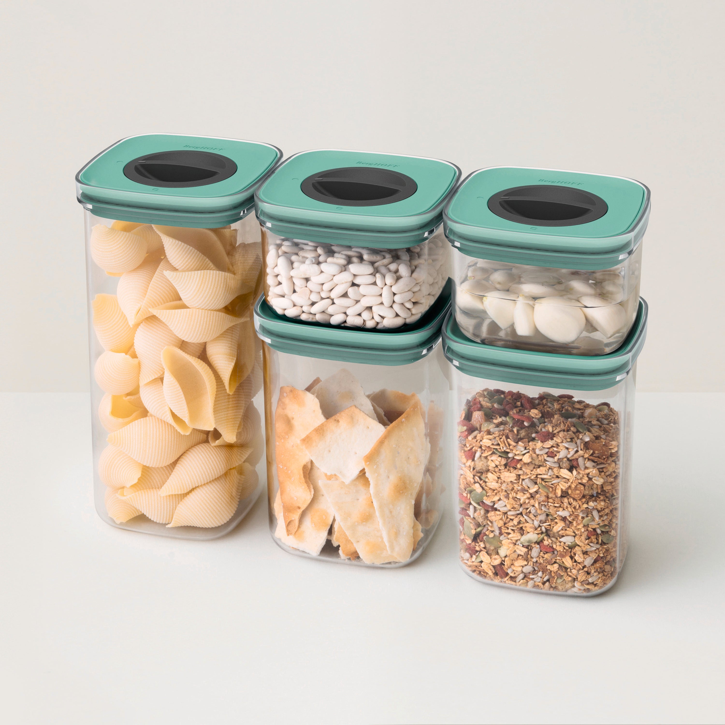 BergHOFF Leo 5-Piece Smart Seal Food Storage Container Set - Airtight, Leakproof Kitchen Organizers with Locking Lids for Dry Food, Cereal, Flour & Snacks | BPA-Free, Stackable Design for Pantry & Fridge Organization