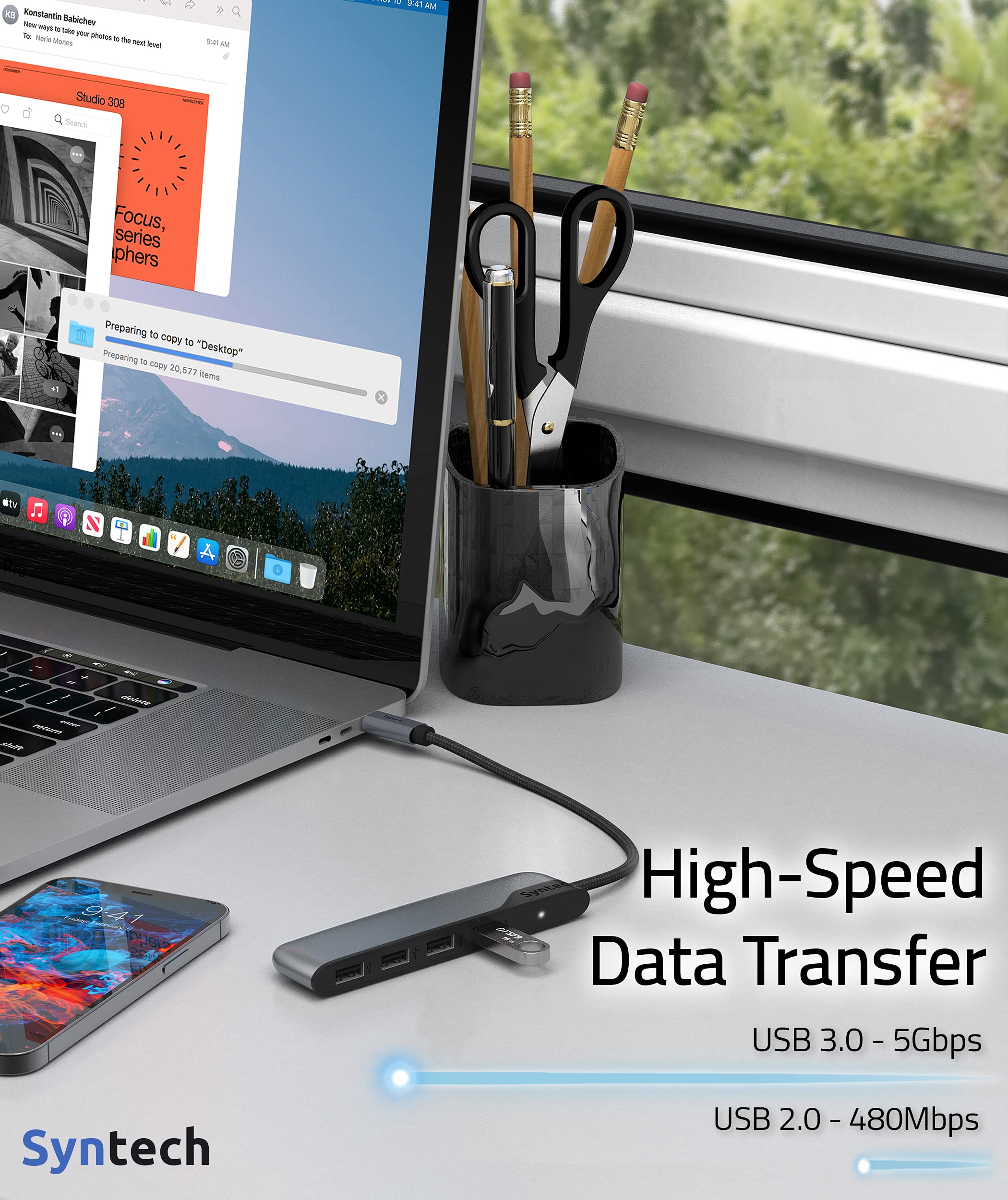 Syntech 4-Port USB C Hub with USB 3.0 & USB 2.0 Adapter - Thunderbolt 3 Compatible for iPad Pro, iMac, MacBook - Perfect for Home Office, Travel & Multi-Device Charging