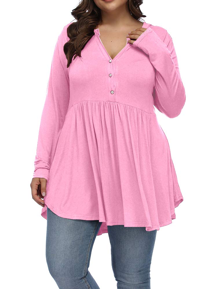 ALLEGRACE Women's Plus Size Henley V-Neck Button-Down Tunic Top - Long Sleeve Flowy Swing Shirt for Casual Wear & Office Outfits