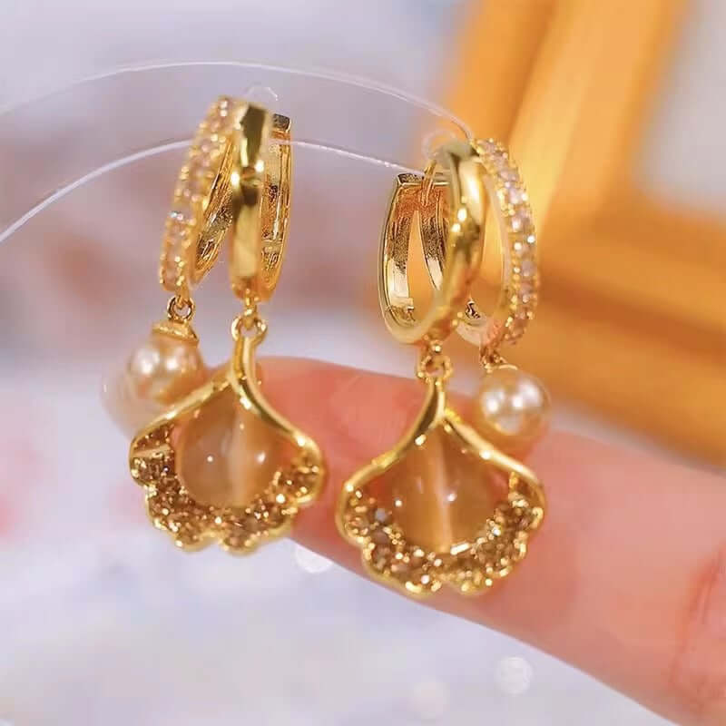 14K Gold Plated Ginkgo Leaf Huggie Earrings with Dangle Pearl Drop | Elegant Pearl Earrings for Women | Perfect for Weddings, Parties & Everyday Wear | A8078