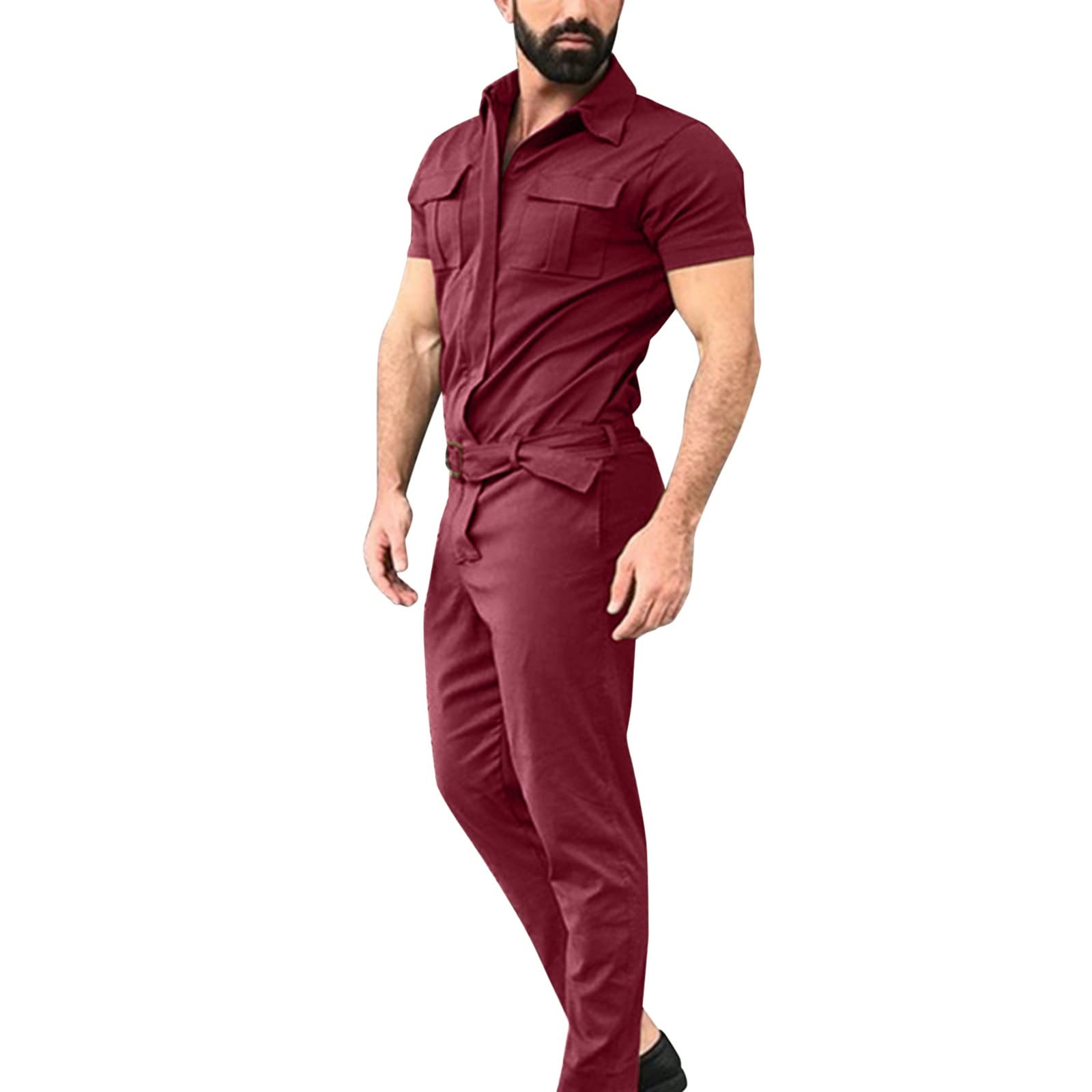 Men's Red Work Overalls Jumpsuit - Safety Workwear with Zipper, Long Pants & T-Shirt Style for Summer | Durable Coveralls for Construction, Mechanics, Farming & Outdoor Labor