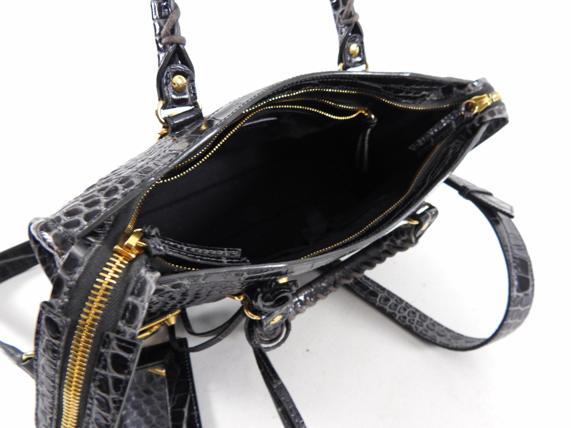 Balenciaga Dark Grey Croc Embossed Small Metallic Edge City Bag - Luxury Designer Handbag for Women, Perfect for Everyday Use & Night Out