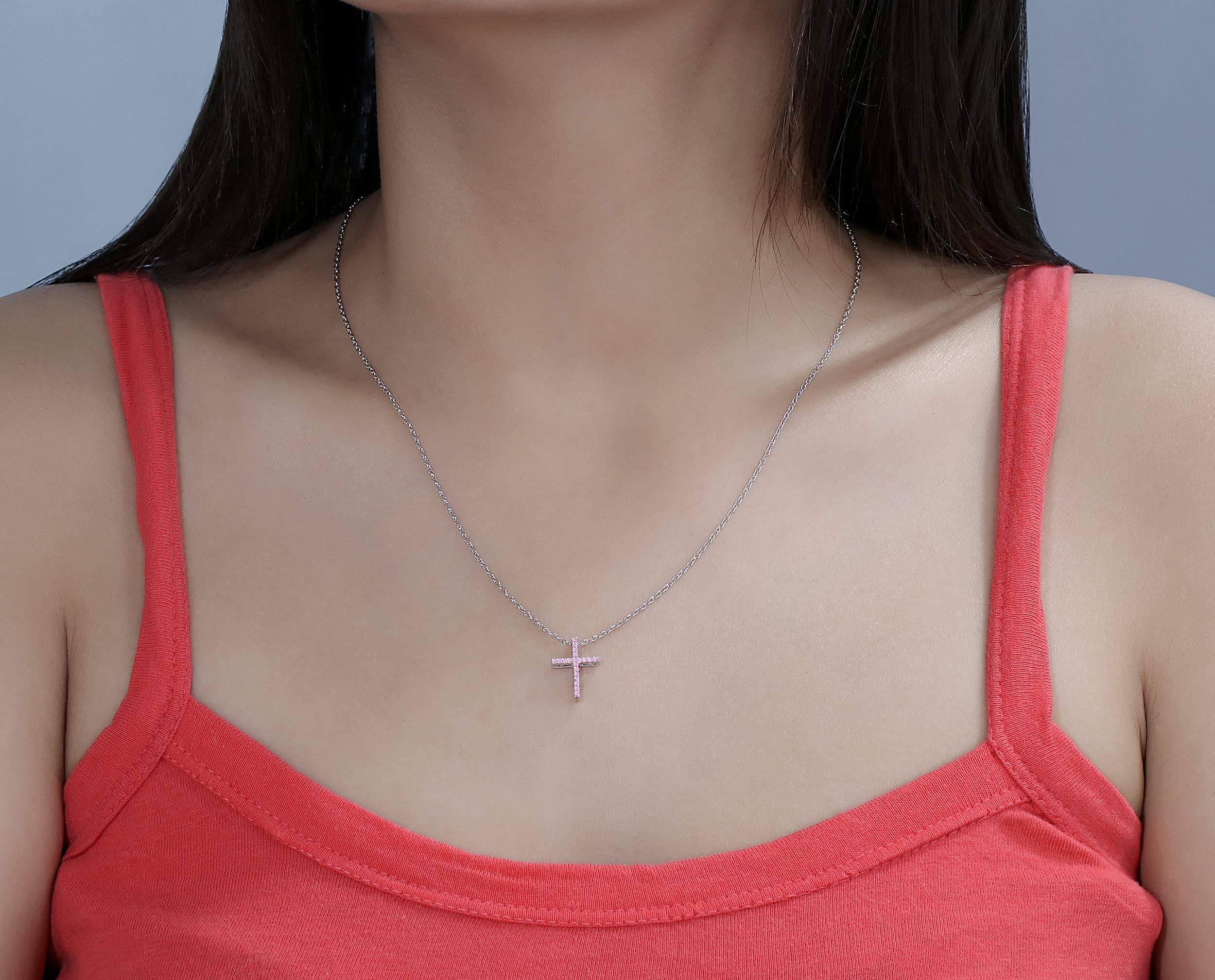 Dazzlingrock Round Pink Sapphire Cross Pendant Necklace for Women - 925 Sterling Silver Jewelry, Elegant Gift for Birthday, Anniversary & Valentine's Day