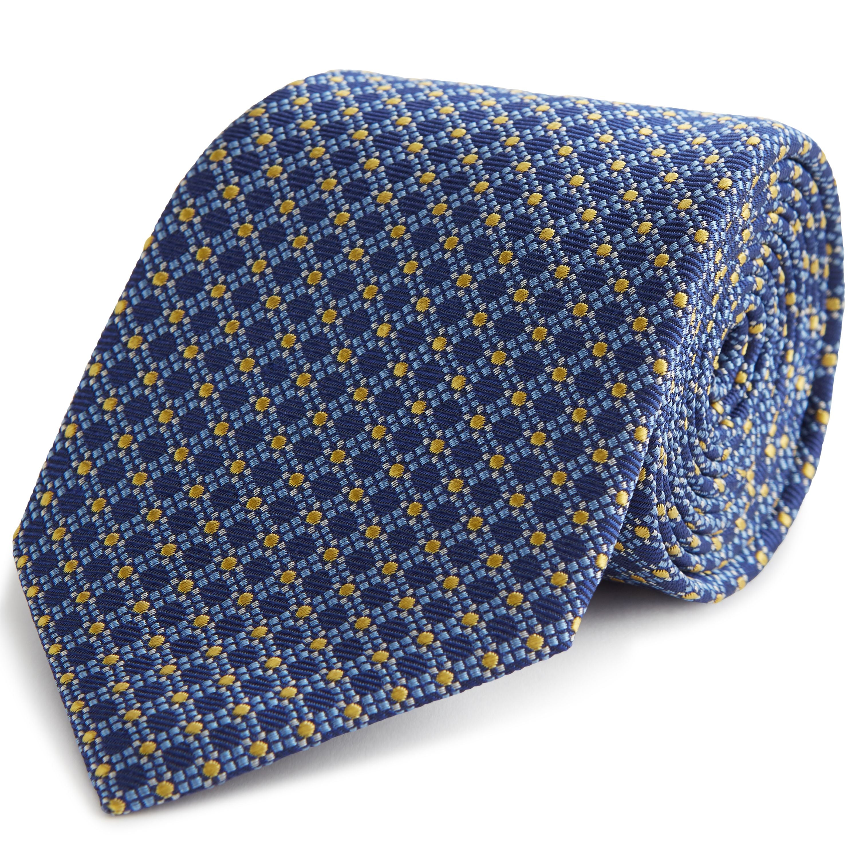 Stylish Navy and Yellow Geometric Pattern Woven Silk Tie for Men - Perfect for Business Meetings, Weddings & Formal Occasions