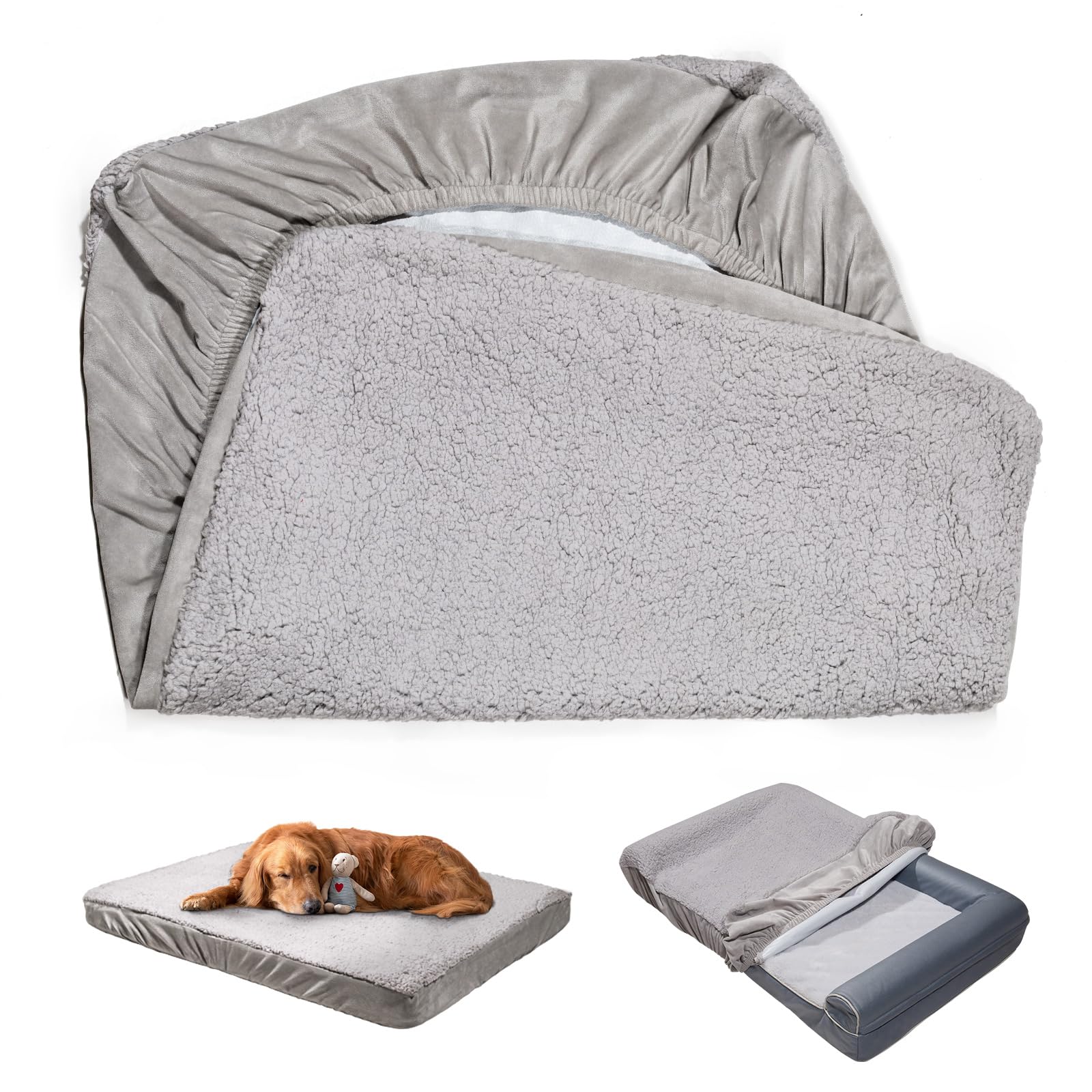 Washable Waterproof Dog Bed Cover Replacement - Quilted Plush Sofa Pillow Cover for Dogs & Cats - Ultra Soft Pet Bed Protector (Grey, 44
