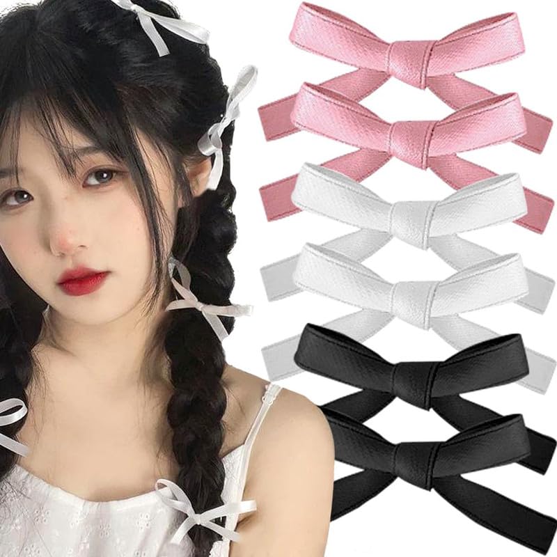 6 Pack Sweet Hair Bows & Claw Clips for Women & Girls - Pink, White, Black Kawaii Hair Accessories, Alligator Clips, Solid Color Ribbons - Perfect for School, Parties, Weddings & Everyday Style