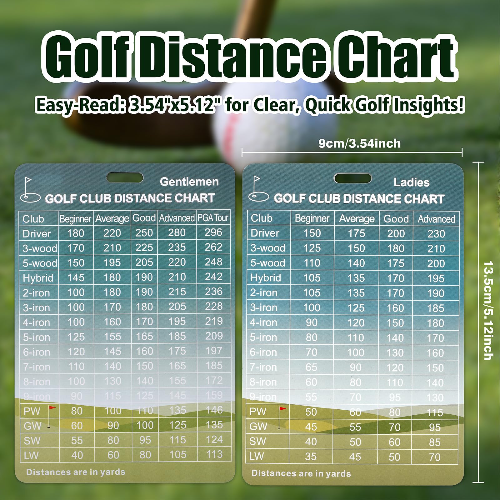 Premium Aluminum Golf Range Chart Card - 5.1x3.5 Inch Golf Distance Measuring Tool | Perfect Golf Gift & Bag Accessory for Practice, Training & Course Play