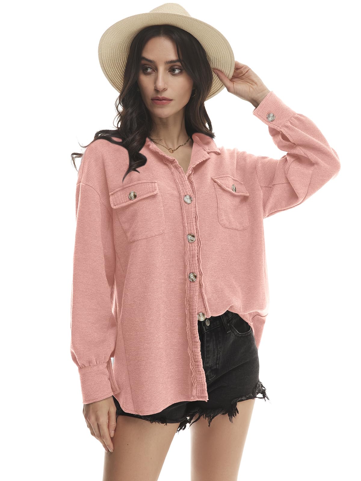 Yanekop Women's Waffle Knit Button Down Shirt Jacket - Oversized Long Sleeve Shacket for Casual & Trendy Outfits 2025 | Perfect for Fall Layering, Coffee Dates & Weekend Getaways