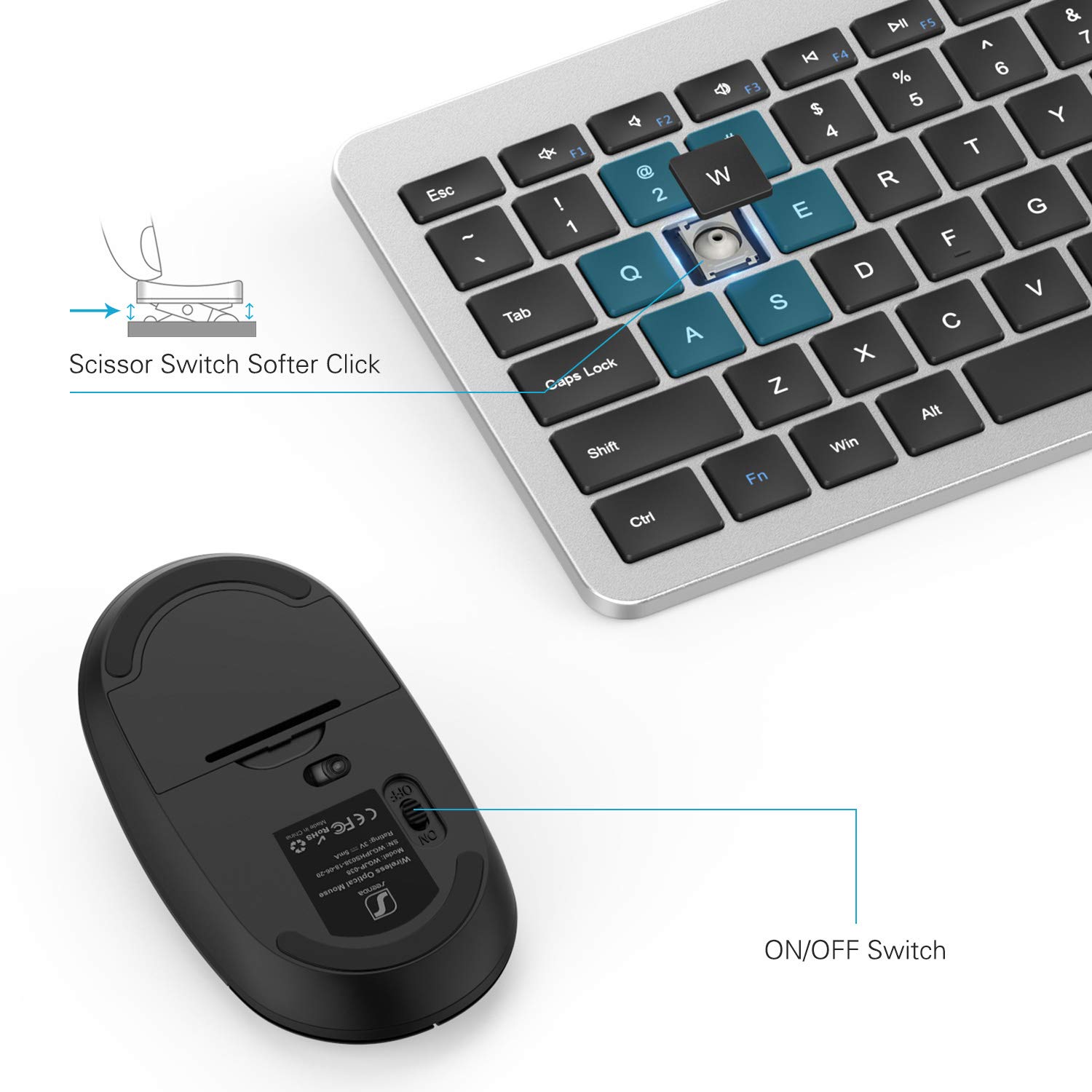 Seenda Wireless Keyboard and Mouse Combo - Full Size Slim Wireless Keyboard with Mouse, On/Off Switch for Both (Black & Silver) - Perfect for Office, Home, Gaming & Remote Work