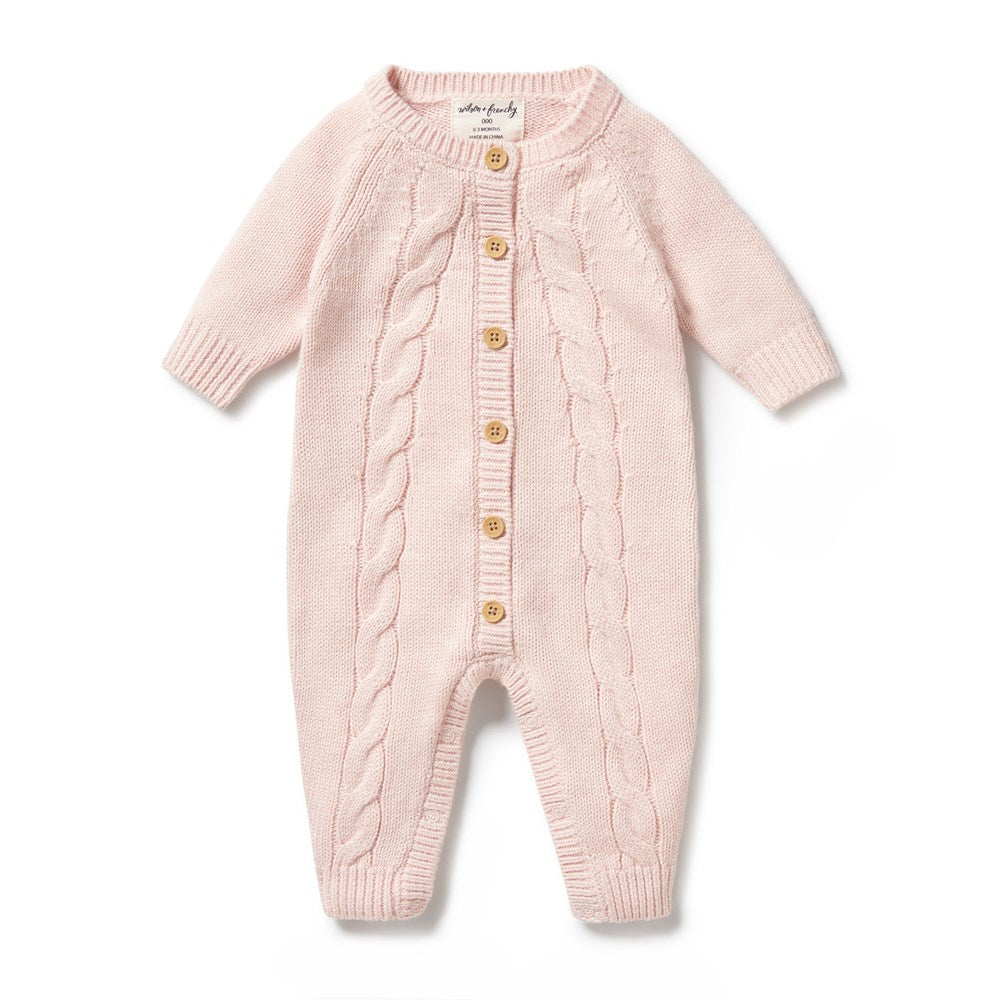 Pink Knitted Cable Growsuit for Baby - Soft & Stretchy Winter Romper - Perfect for Newborn Photoshoots & Cozy Family Outings