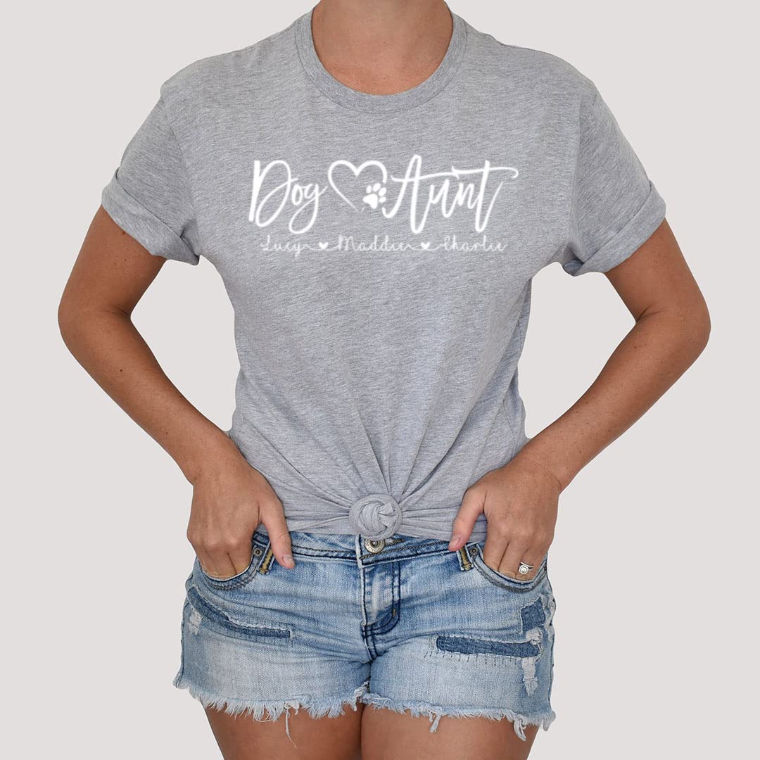 Custom Dog Aunt T-Shirts with Personalized Dog Names - Cute Gifts for Dog Lovers (Athletic Heather) - Perfect for Dog Parks, Walks & Pet Lover Events
