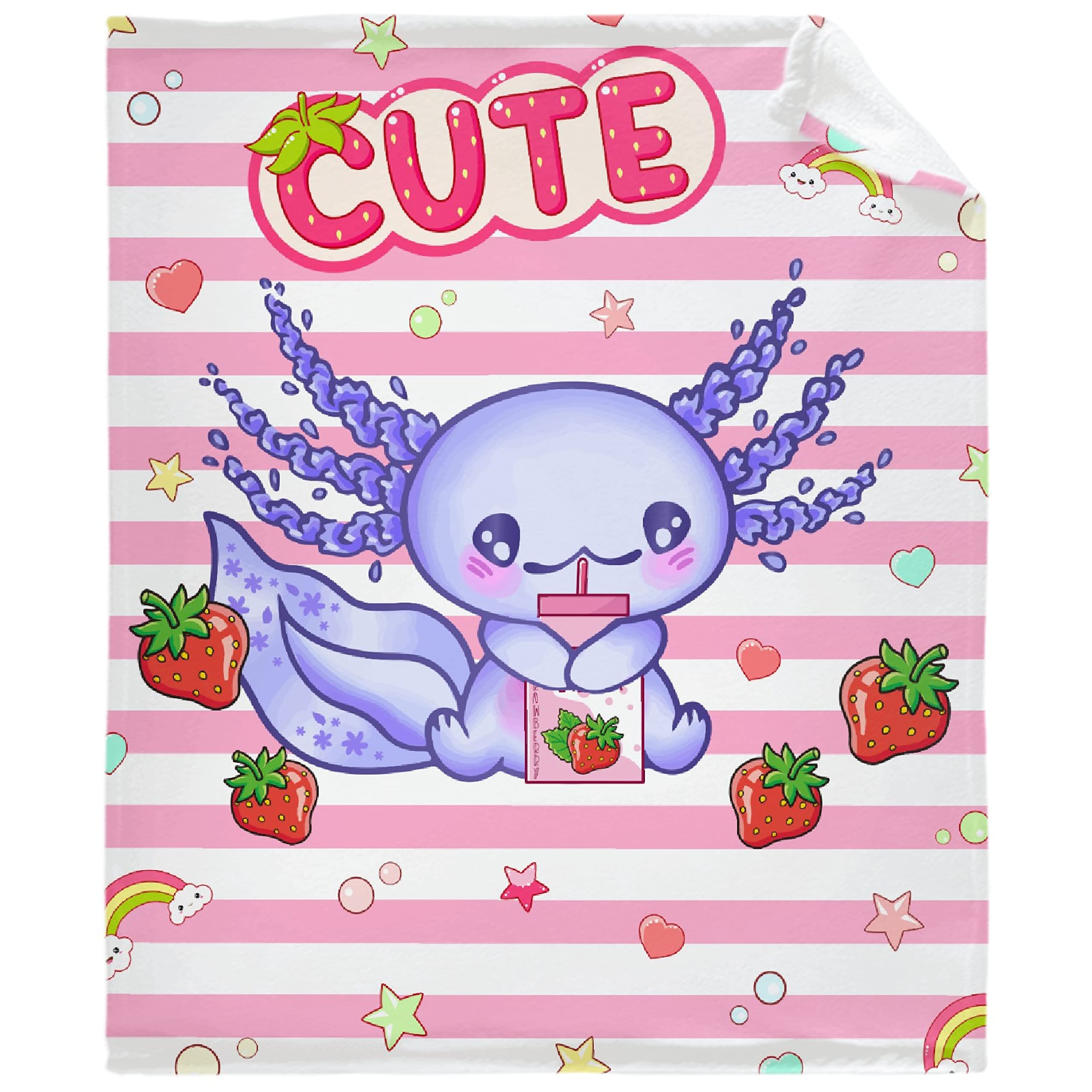 Ultra Soft Kawaii Axolotl Strawberry Milk Plush Blanket - Mexican Salamander Flannel Fleece Throw for Bed, Couch & Travel (120