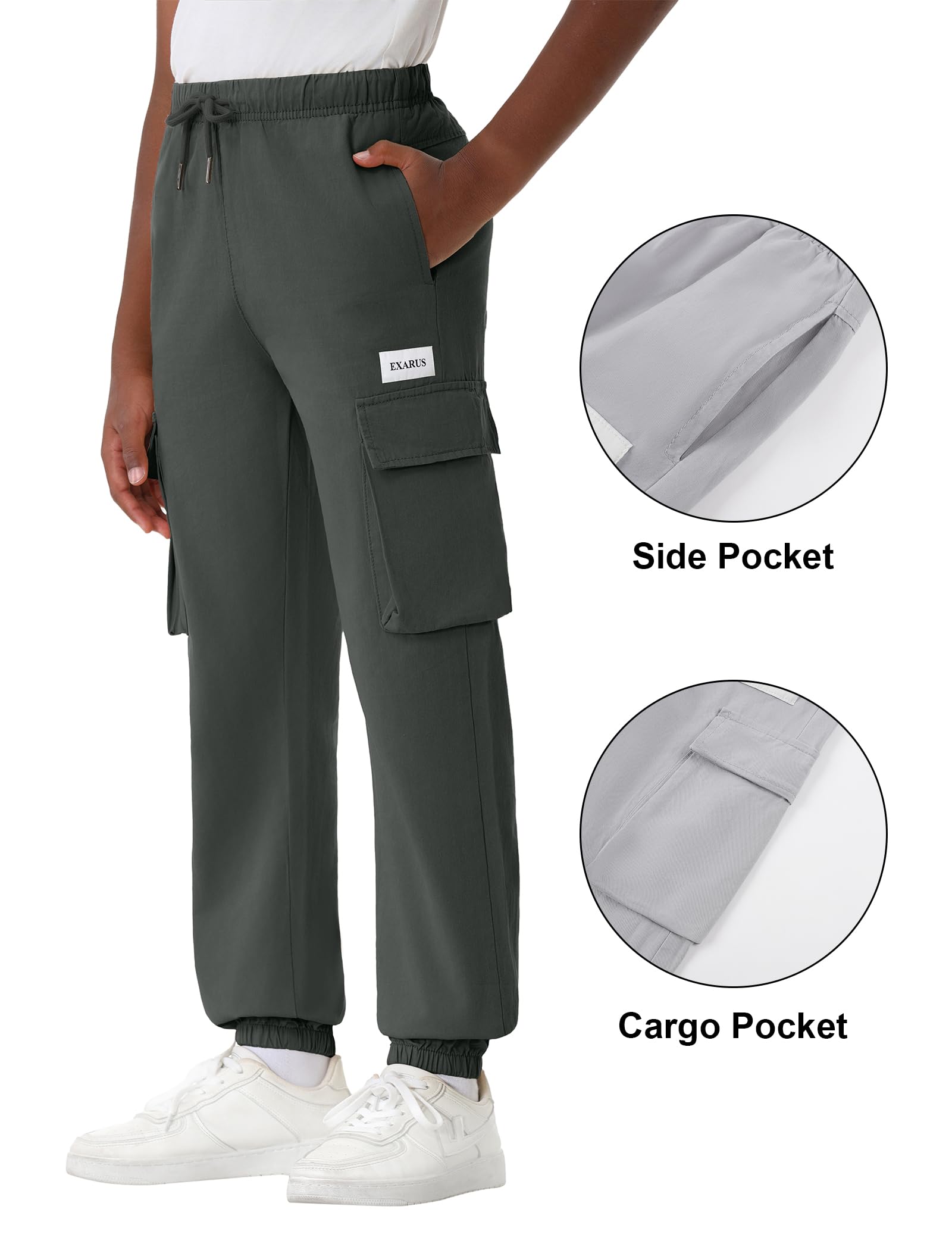 EXARUS 3 Pack Boys Cargo Pants - Cotton Drawstring Elastic Waist Joggers with Multiple Pockets for Kids & Youth 6-14 Years - Perfect for Hiking, Outdoor Play & School Activities