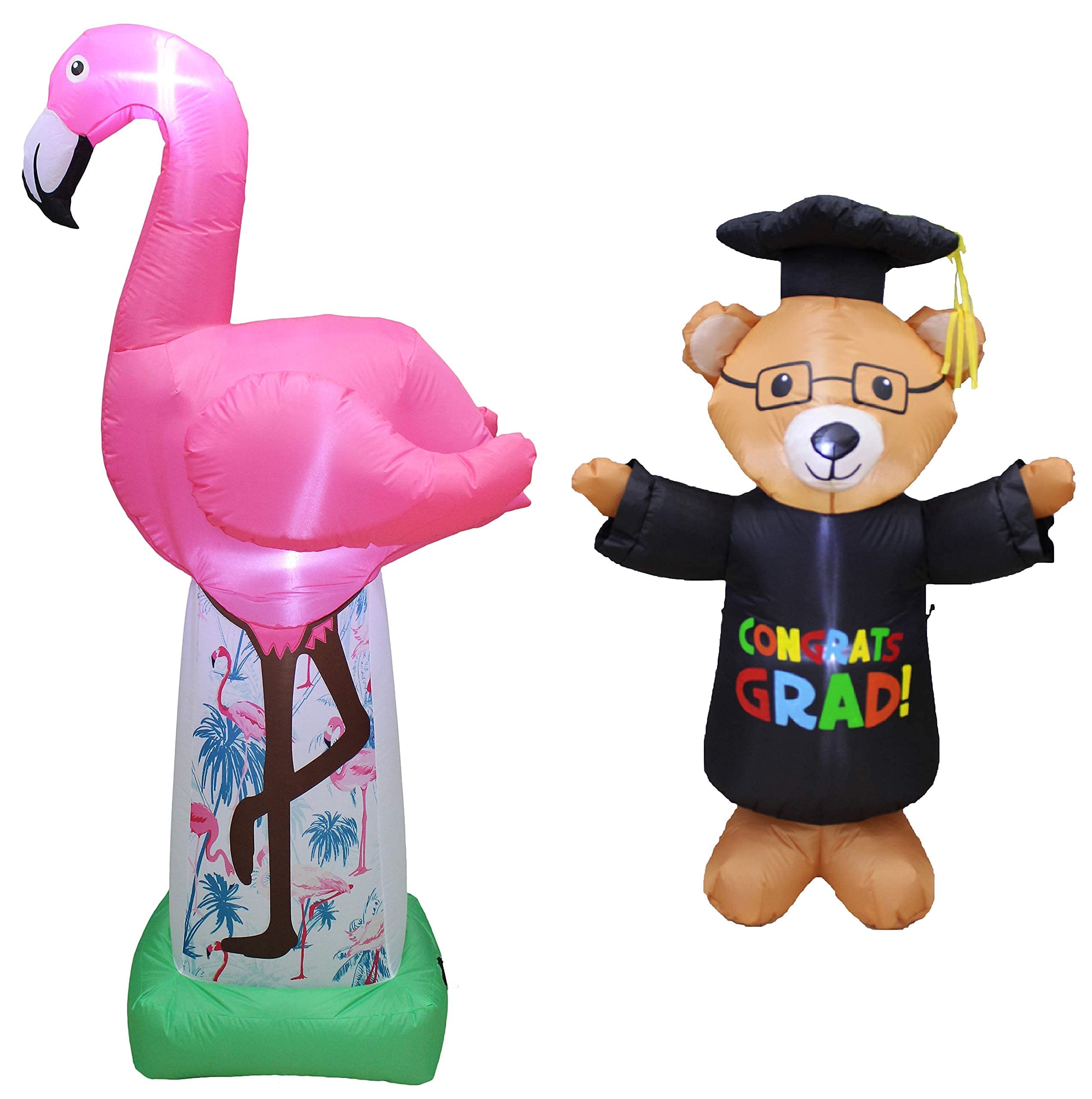 6ft Inflatable Pink Flamingo & 4ft Graduation Teddy Bear Decor Set - Perfect for Summer Parties, Graduation Celebrations, Backyard BBQ, and Poolside Events