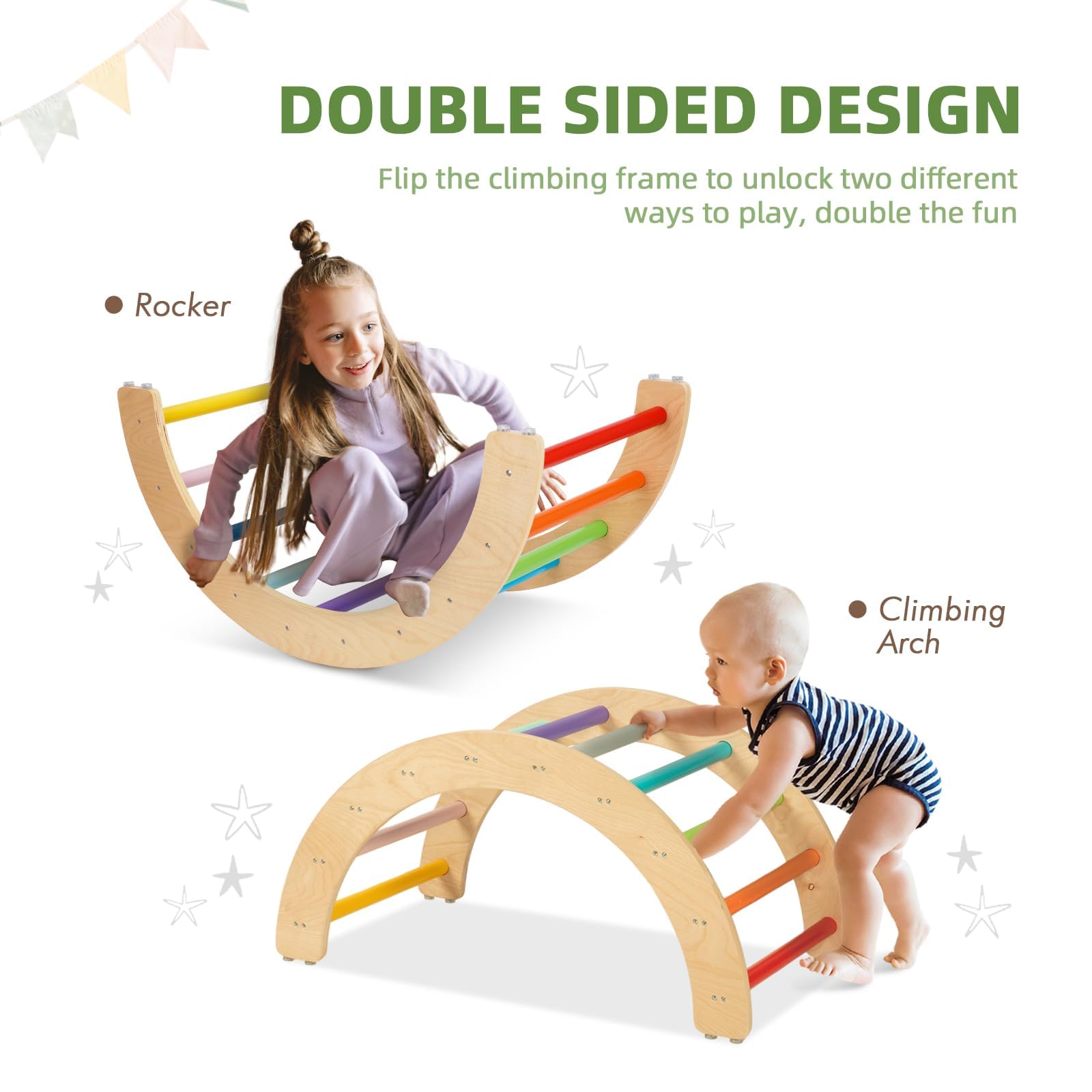 TOOKYLAND 3-in-1 Rainbow Climbing Toy Set for Toddlers - Sturdy Wooden Indoor Play Gym, Montessori Climbing Triangle with Ramp & Rocker - Safe Toddler Play Equipment for Home, Daycare & Preschool