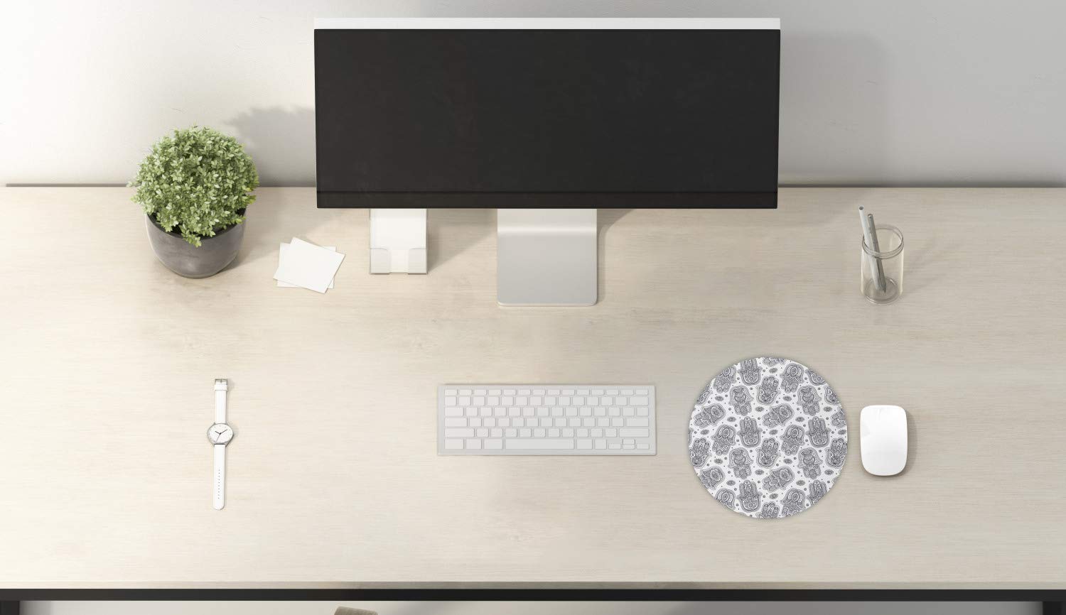 Ambesonne Hamsa Computer Mouse Pad - Anti-Slip Thick Rubber Gaming Mousepad with Evil Eye Protection Design, Round Black & White Mandala Yoga Meditation Art (8 Inch) - Perfect for Office, Gaming & Spiritual Workspace Decor