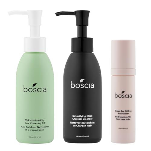 BOSCIA MakeUp-BreakUp Cool Cleansing Oil, Detoxifying Black Charcoal Cleanser & Green Tea Oil-Free Face Moisturizer 3-Piece Skincare Set - Perfect for Daily Cleansing, Deep Pore Detox and Oil-Free Hydration
