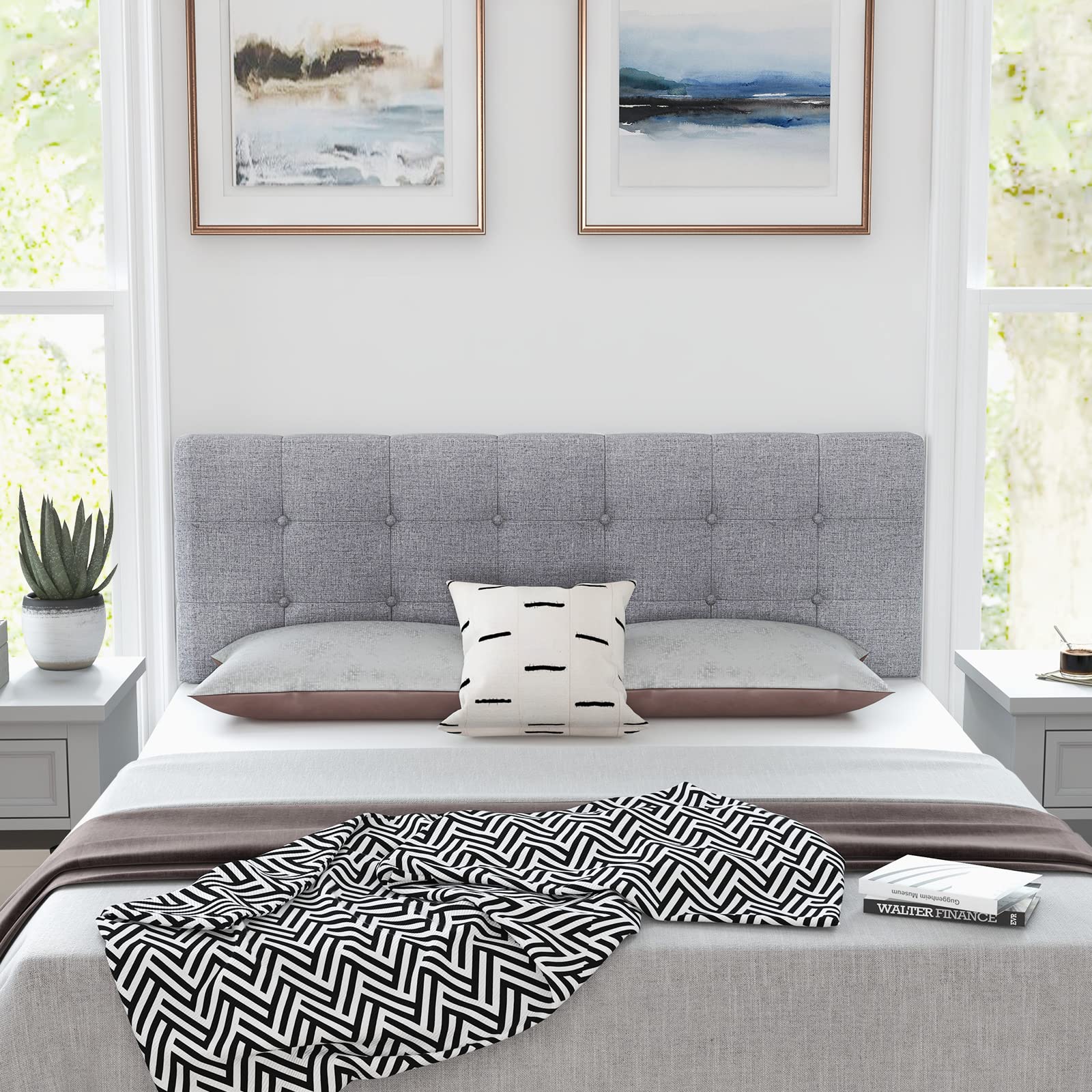 Modern Tufted Button Linen Upholstered Headboard for Full & Queen Size Bed - Adjustable Width with Solid Rubber Wood Legs - Gray - Perfect for Bedroom Decor and Guest Room Setup